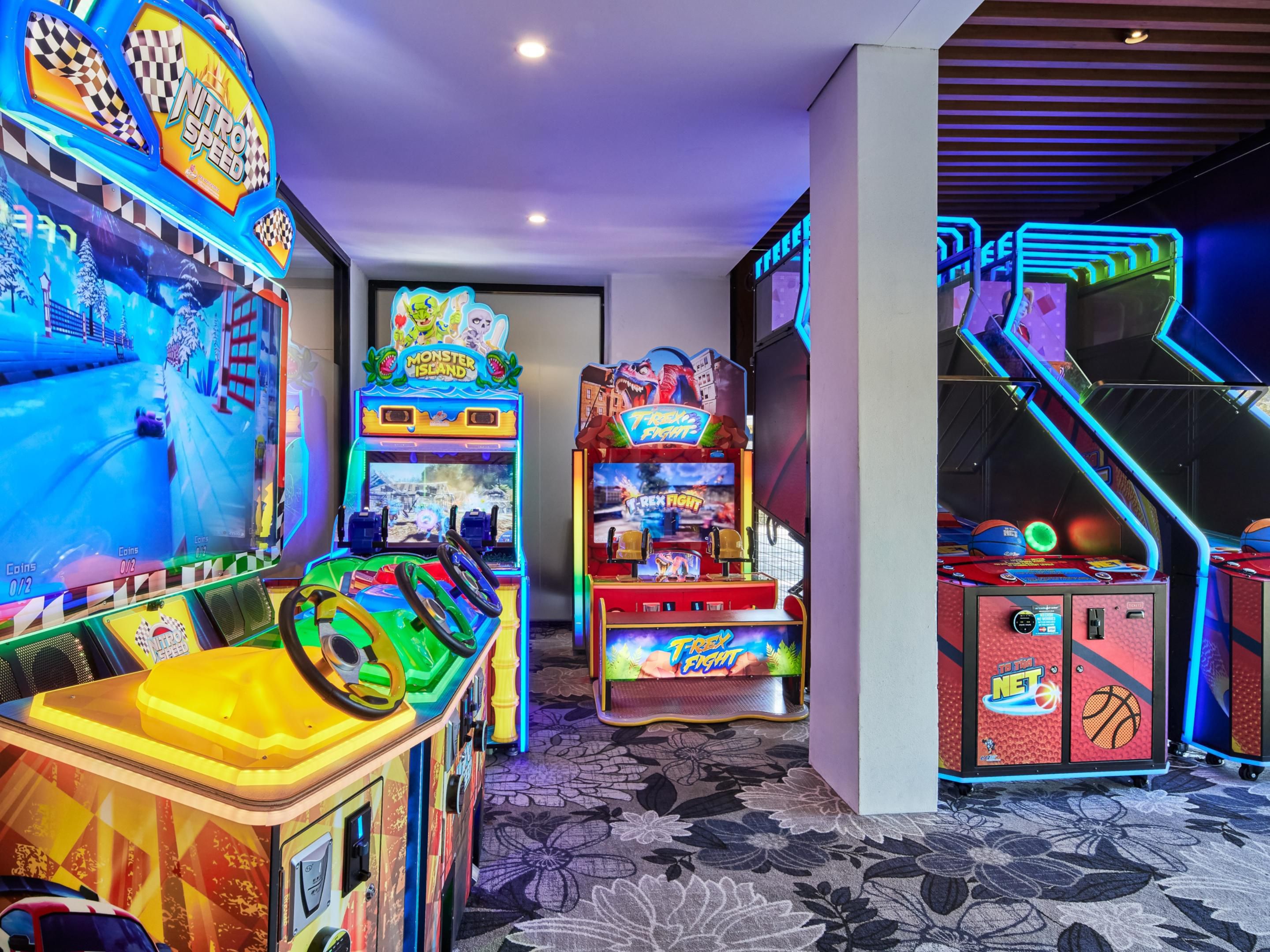 Enhance your family vacation with our vibrant kids arcade room. From basketball to monster island adventures, it's a fun haven for kids of all ages. The perfect treat for leisure travelers looking for family-friendly amenities in Warwick Farm.
