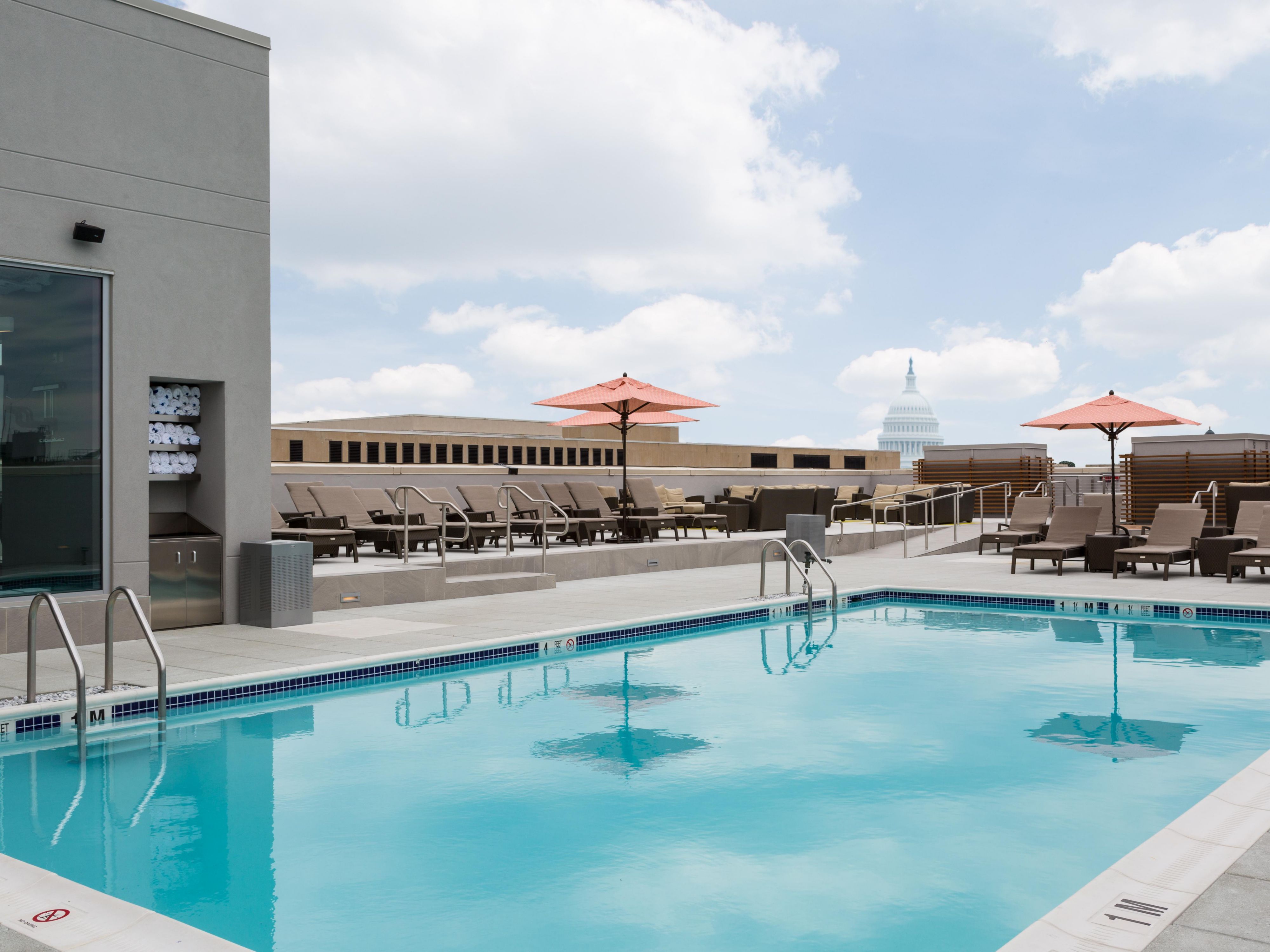 From Memorial Day to Labor Day, enjoy a relaxing, sunsoaked day on our hotel rooftop. Adjacent to the 24 hour fitness center, the rooftop area features comfortable seating options, the pool, and a bar serving drinks as well as light fare. Overlooking the US Capitol building, it is the perfect way to spend a day in Washington DC. 