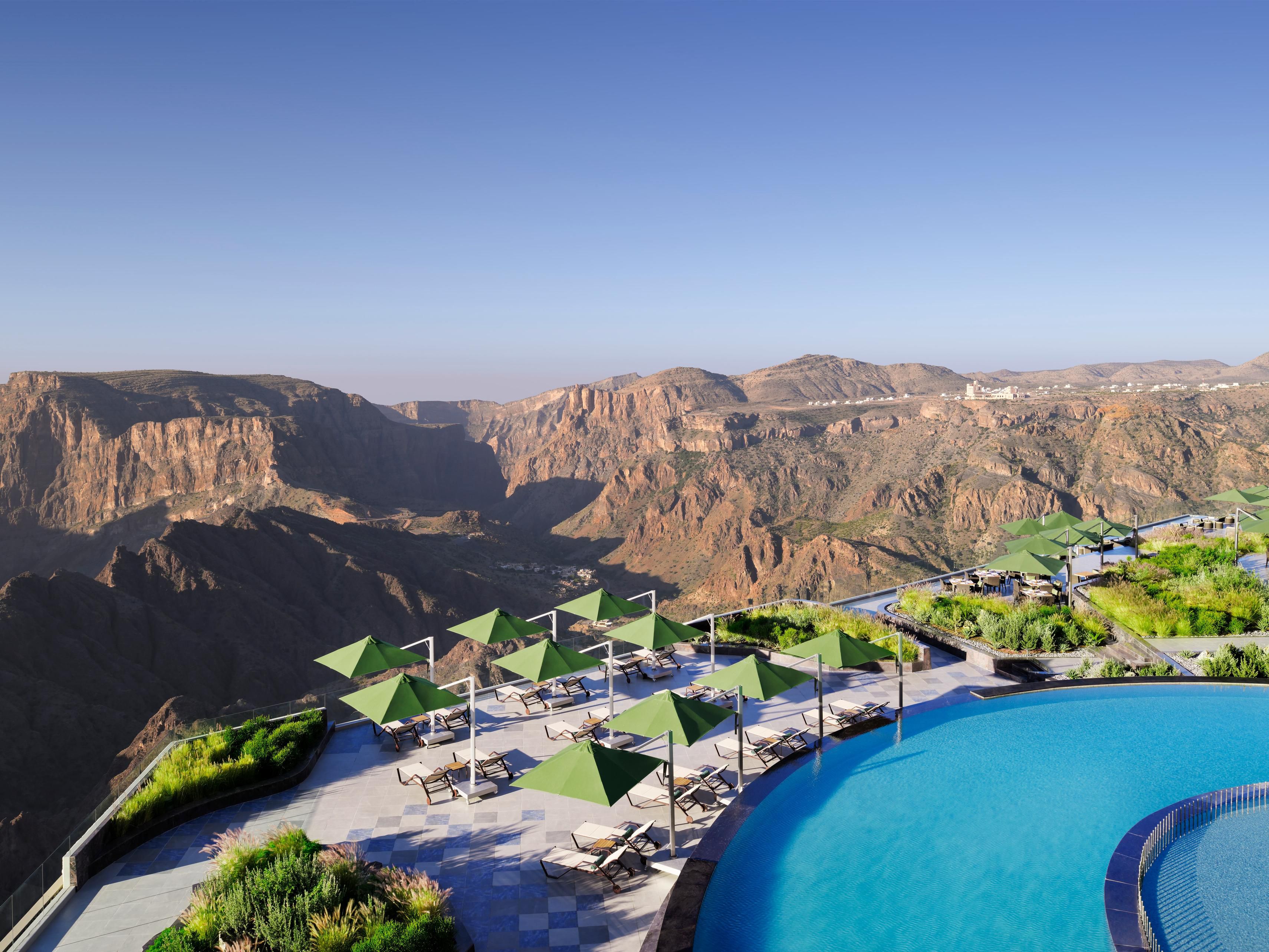Relax in the heated pool with stunning Jabal Akhdar mountain views