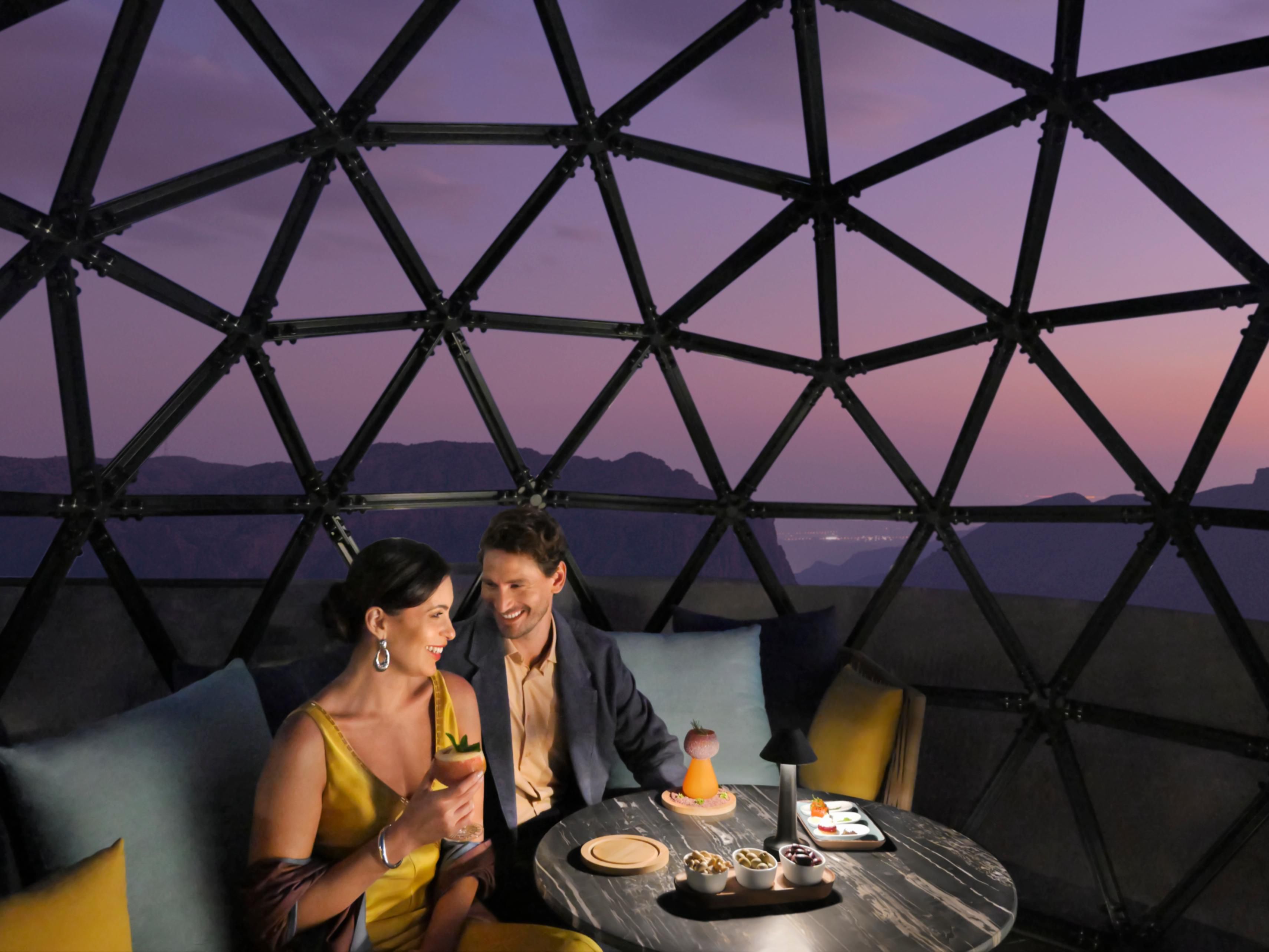 Ready to make the most of your stay at Jabal Akhdar? Introducing: the Cloud Chaser at Vue Rooftop & Lounge. Our curated package is designed to elevate your night out above the canyons.