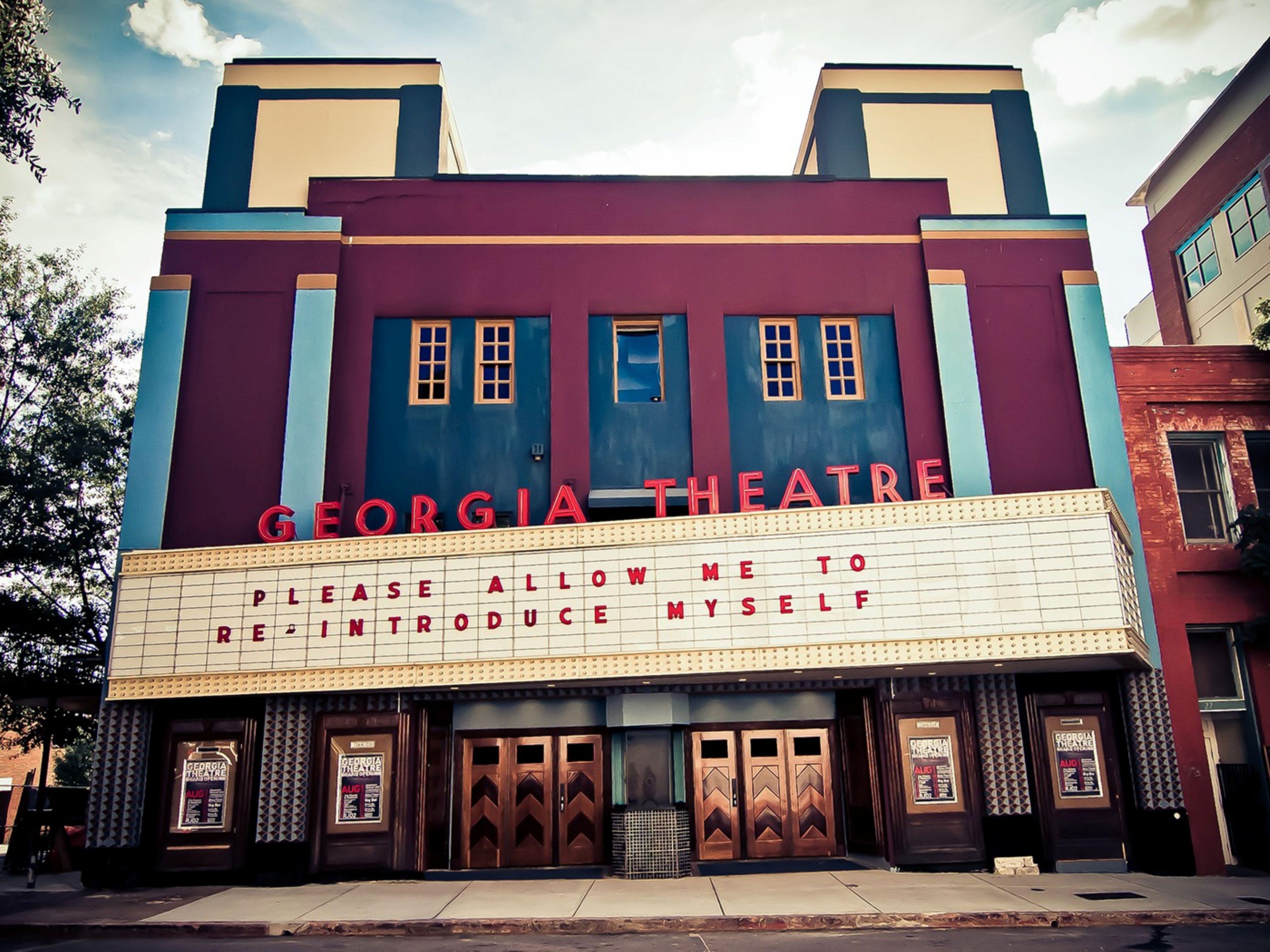 The Georgia Theatre facade with a colorful marquee.