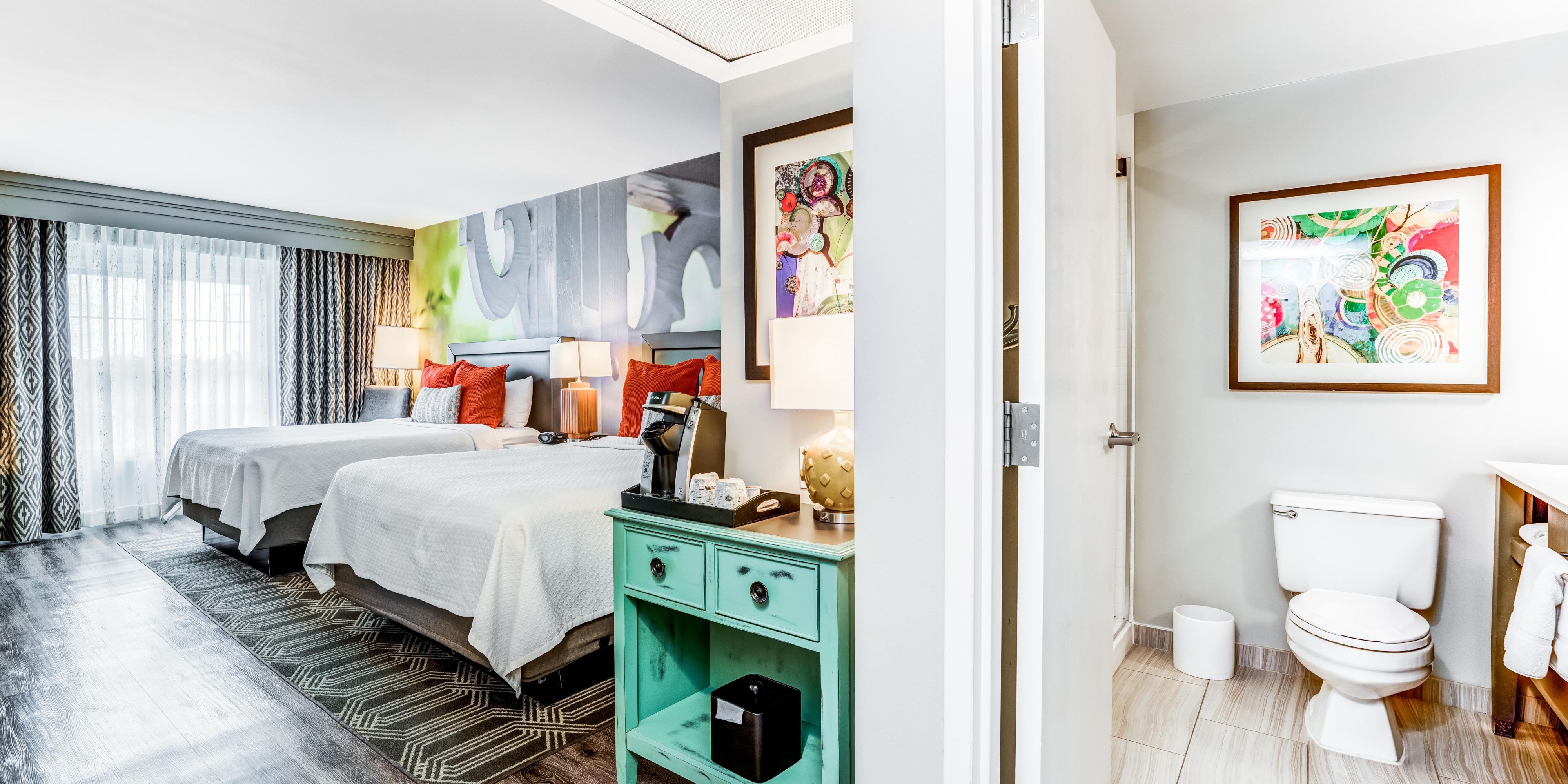 Double Queen bed and bathroom 