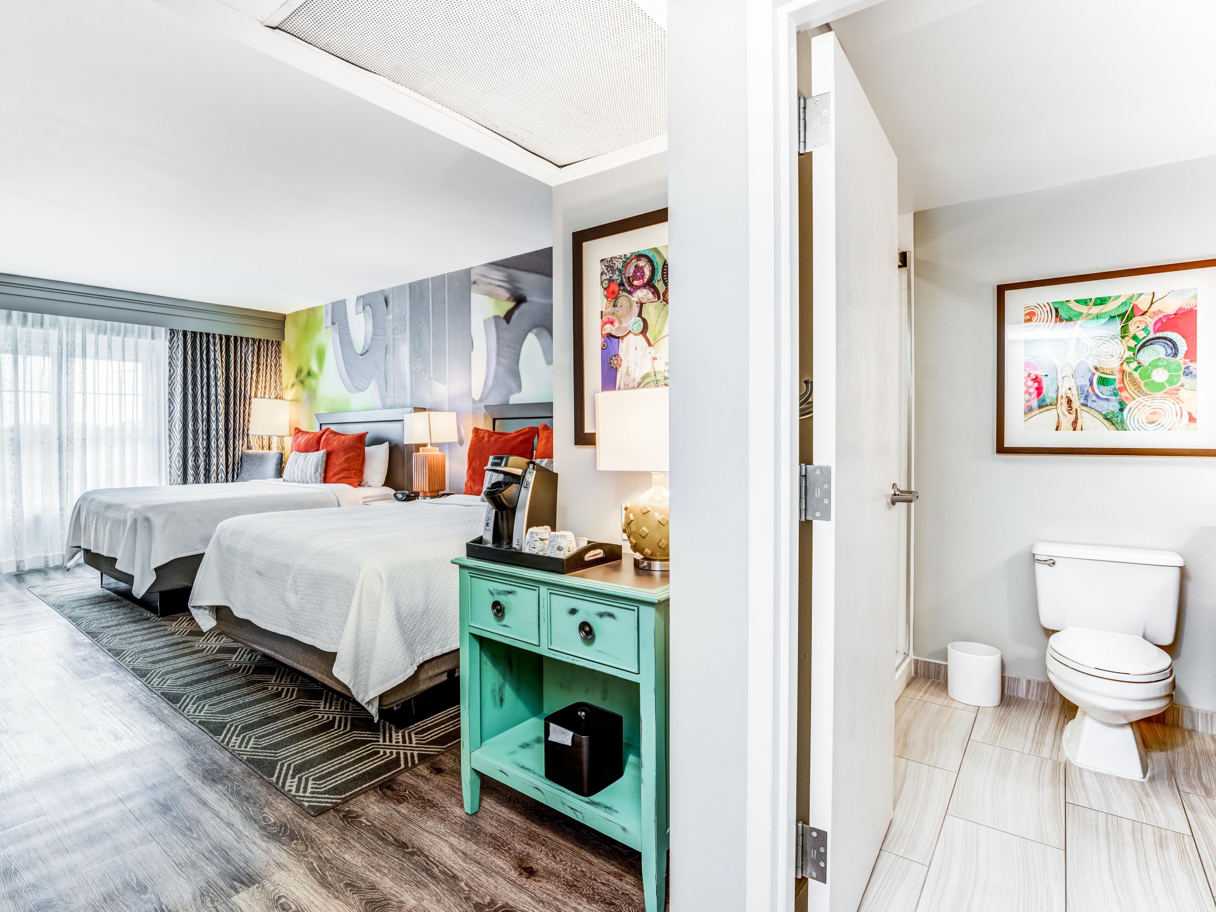 Double Queen bed and bathroom 