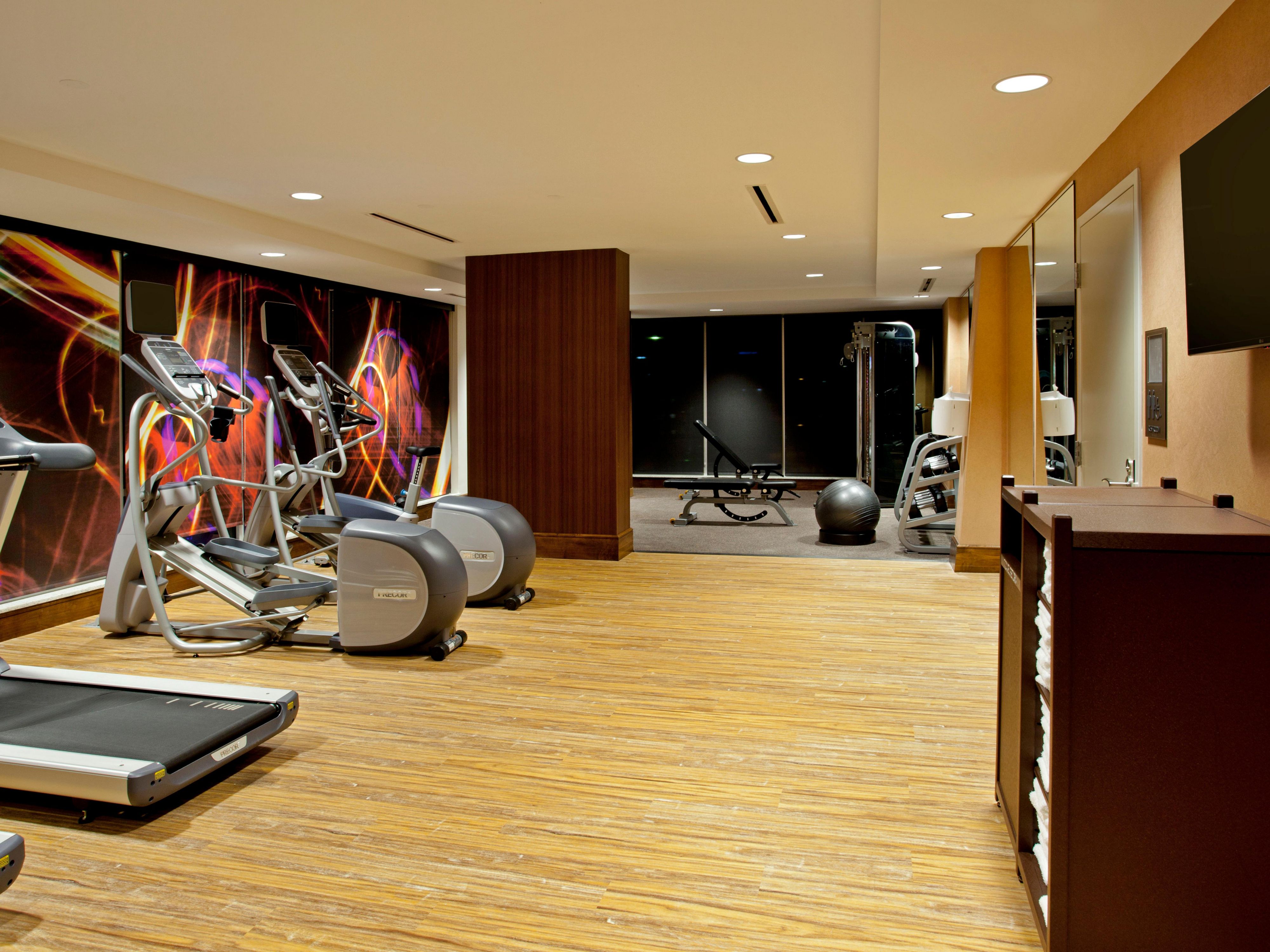 Wake up and workout in our 24 Fitness Center offering a range of modern equipment, including treadmills and elliptical machines, free weights, including dumbbells that range up to 50 lbs, weight machines and medicine balls, yoga mats, and resistance bands for bodyweight exercises and stretching.