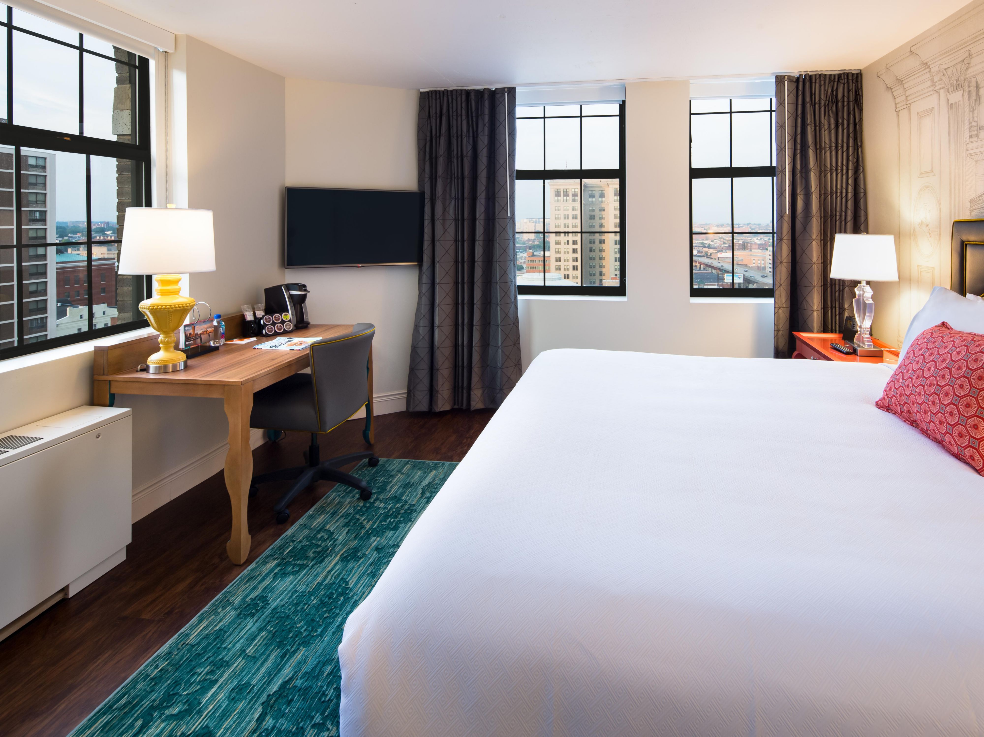 Hotel Indigo Baltimore Downtown hotel room.