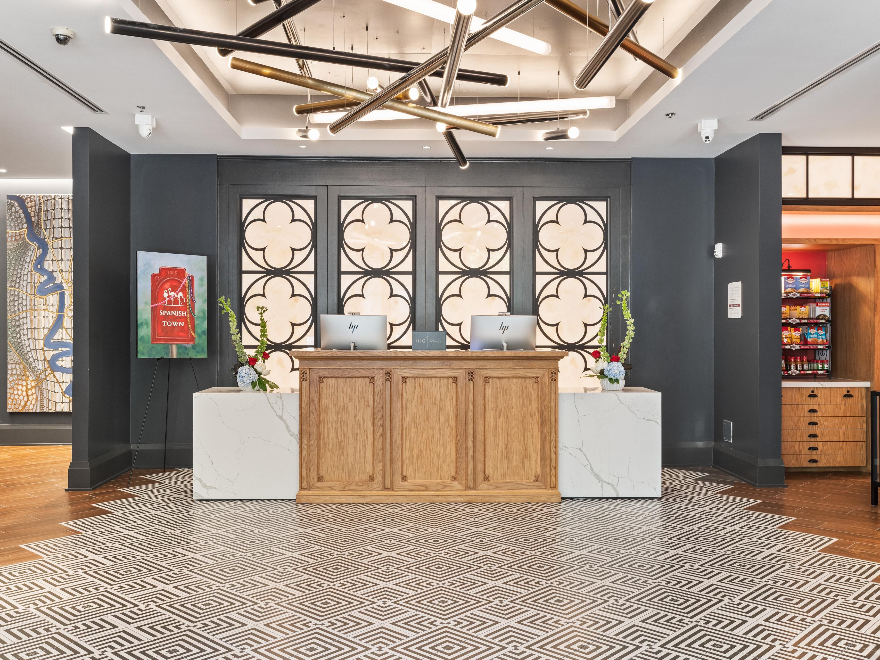 Our welcoming front desk at the Hotel Indigo Baton Rouge Downtown.