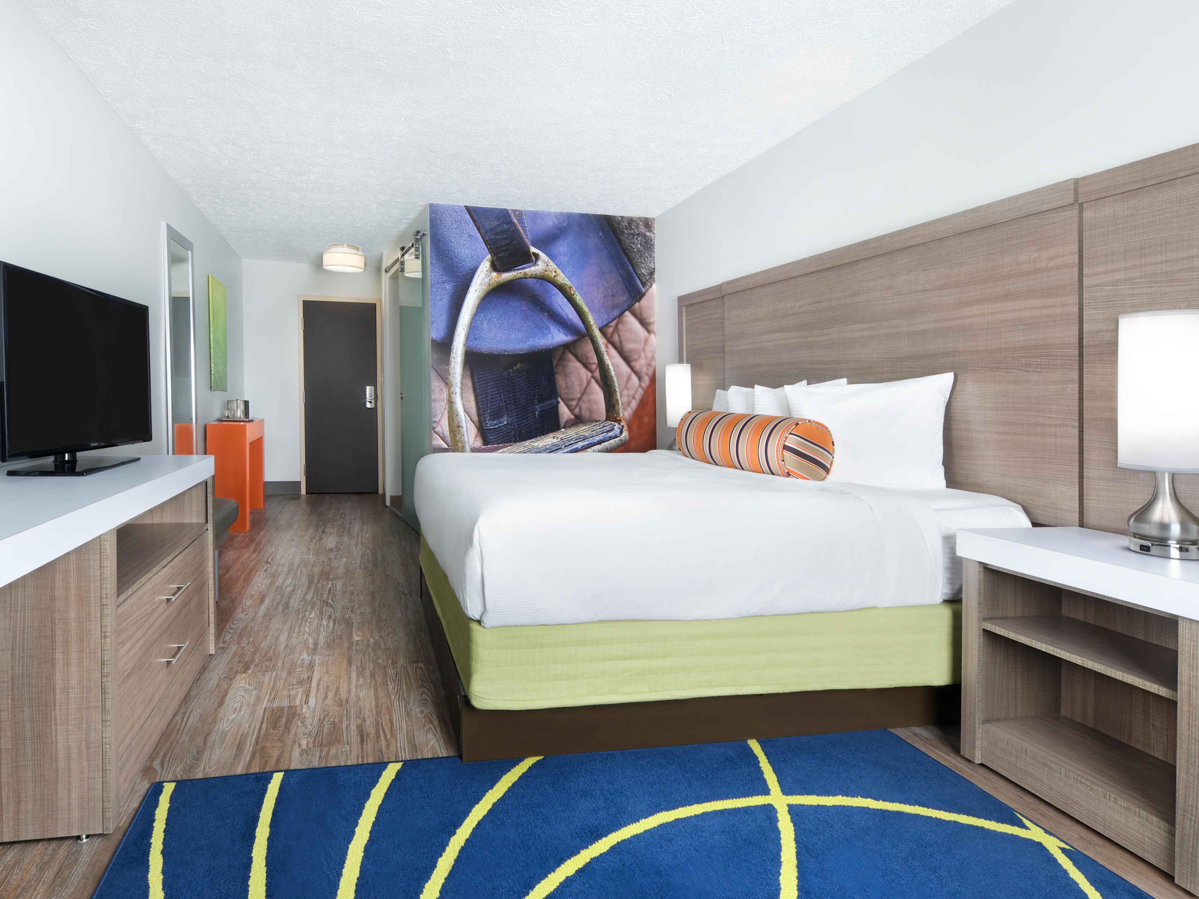 Vibrant King Room with Spa Shower and Keurig Coffee Maker