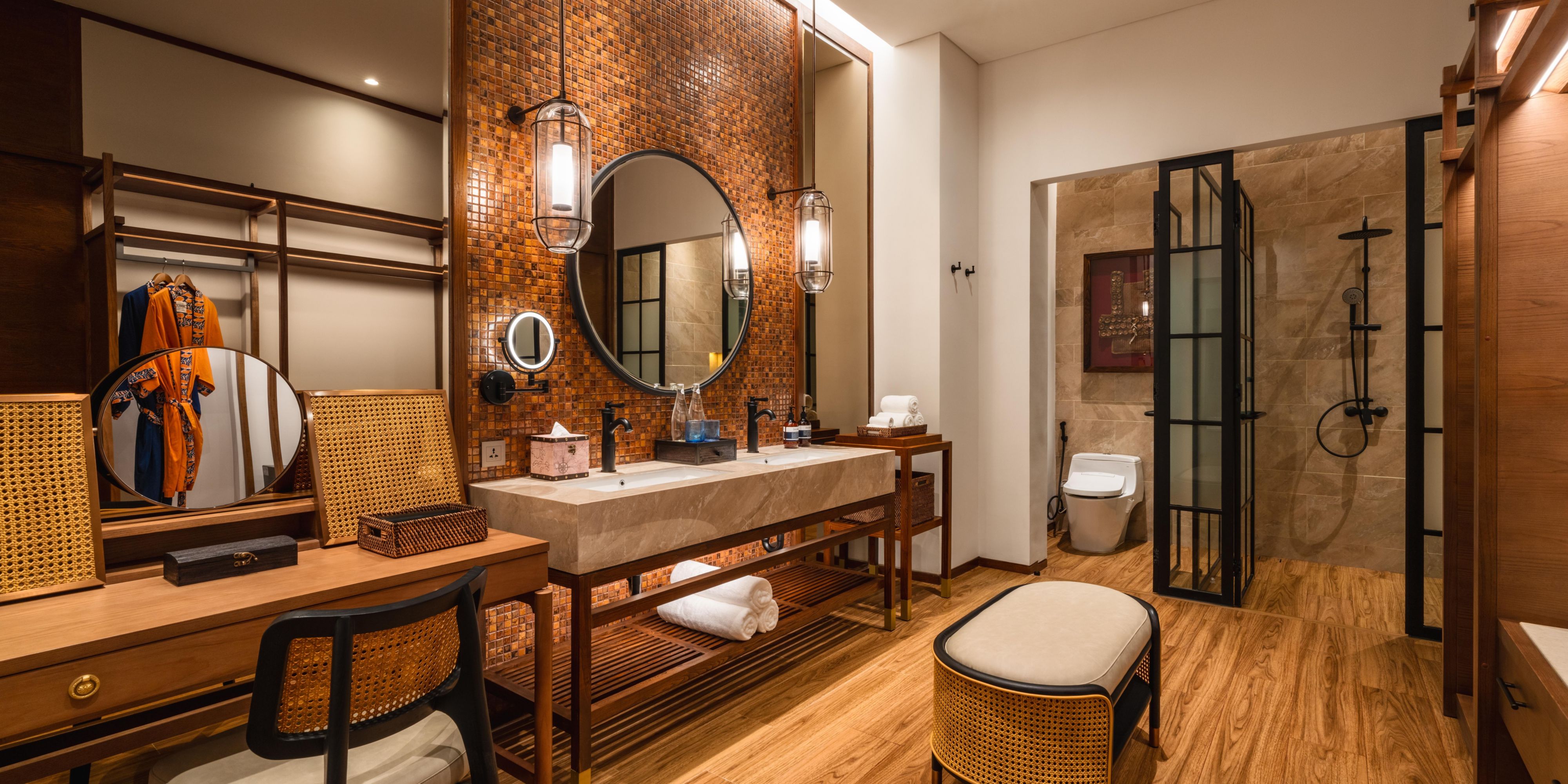 Powder room with walking in shower and separate toilet. 