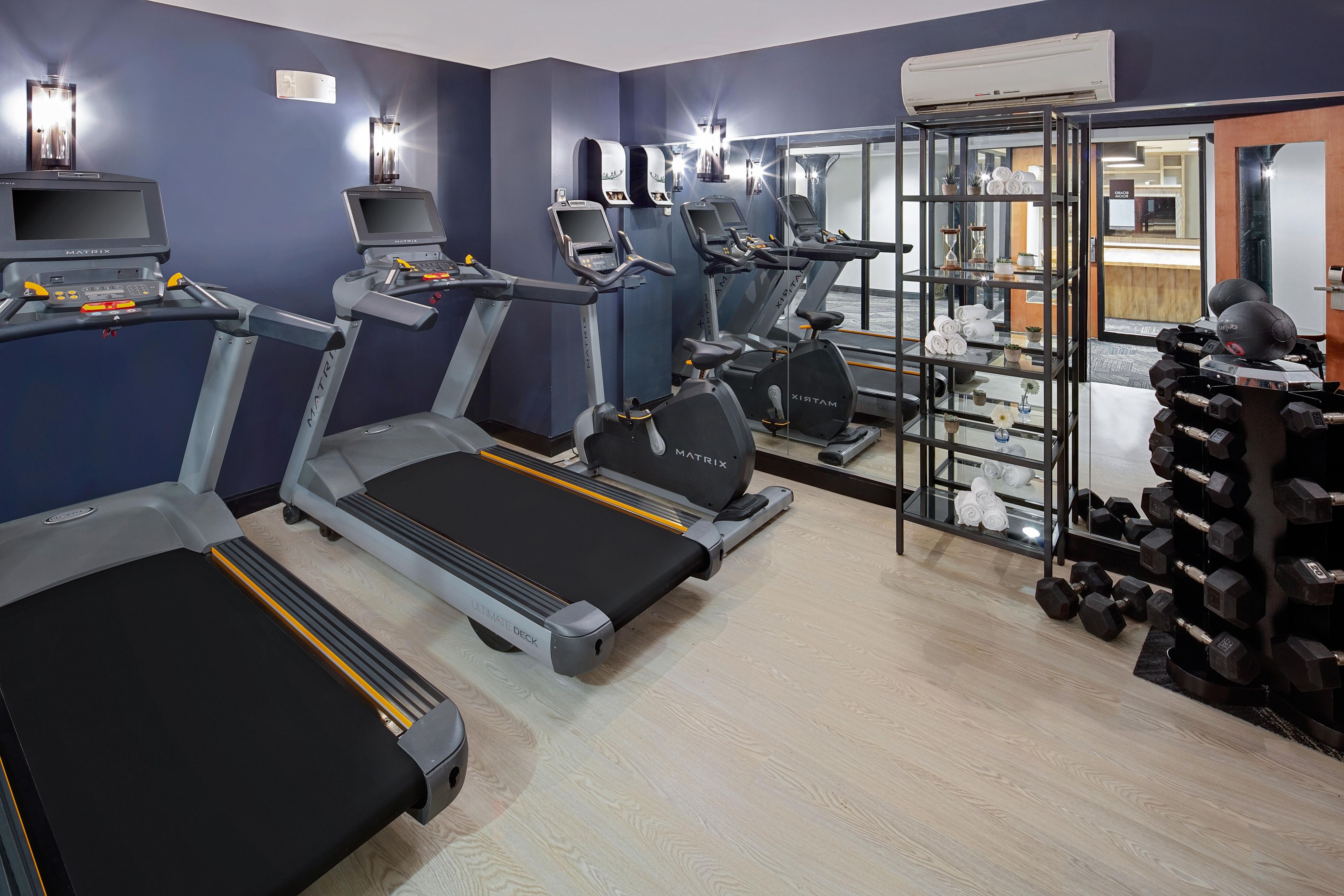 During your stay, enjoy our large Fitness Center located in our lower level. Open 24 hours, we have towels, complimentary earbuds for our cardio equipment should you need it, and a water bottle fill station all available to you.