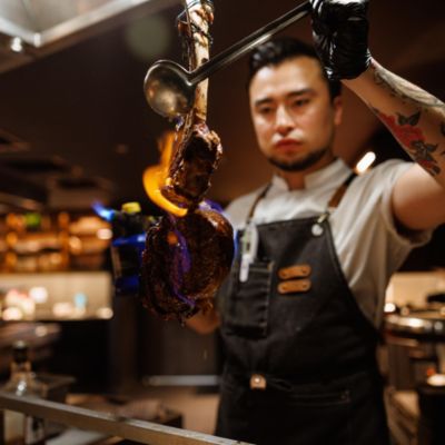 Enjoy our ribeye steak with a long, Frenched rib bone