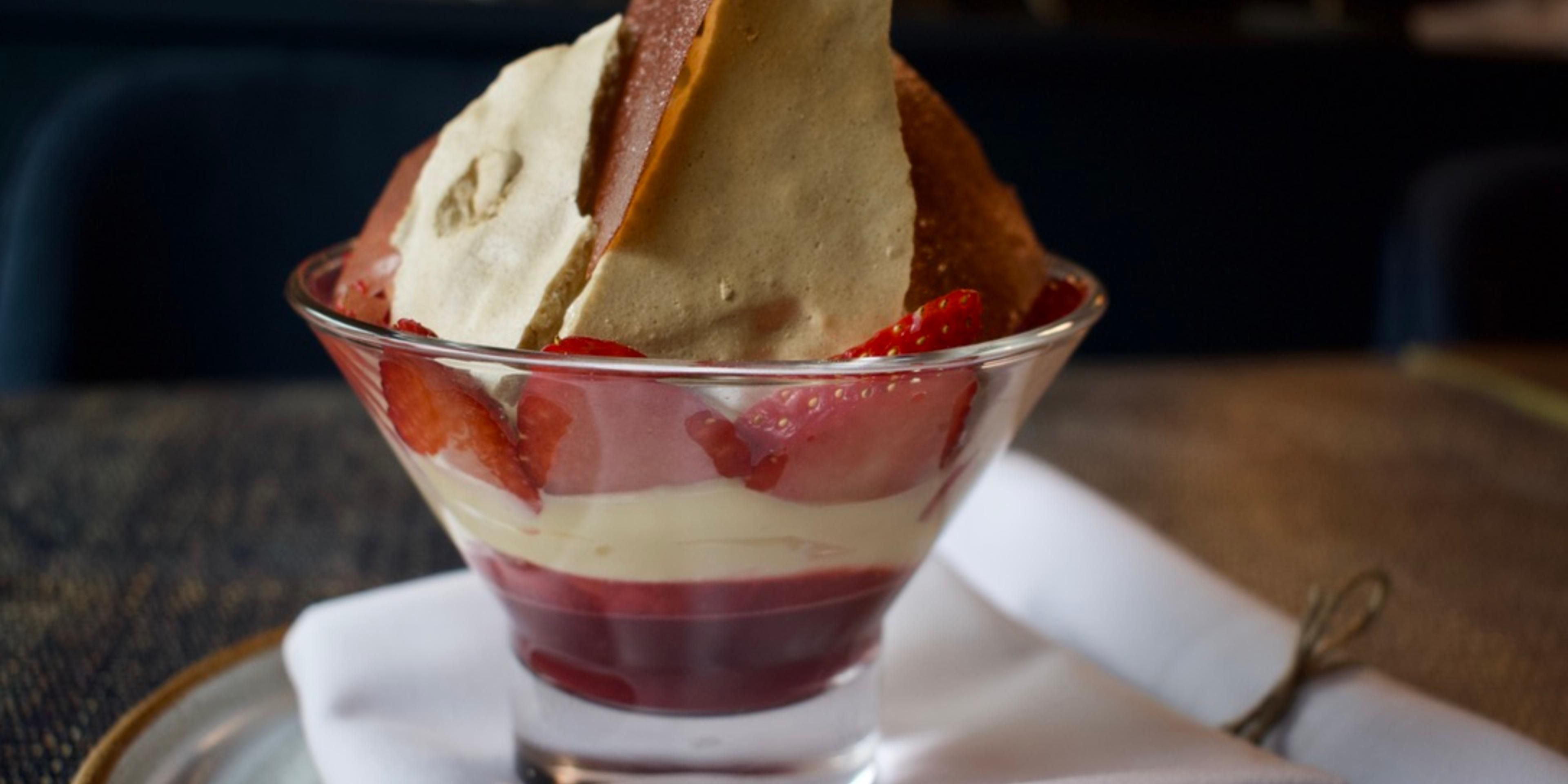 trifle with strawberry, lemon custard, polenta cake and sherry