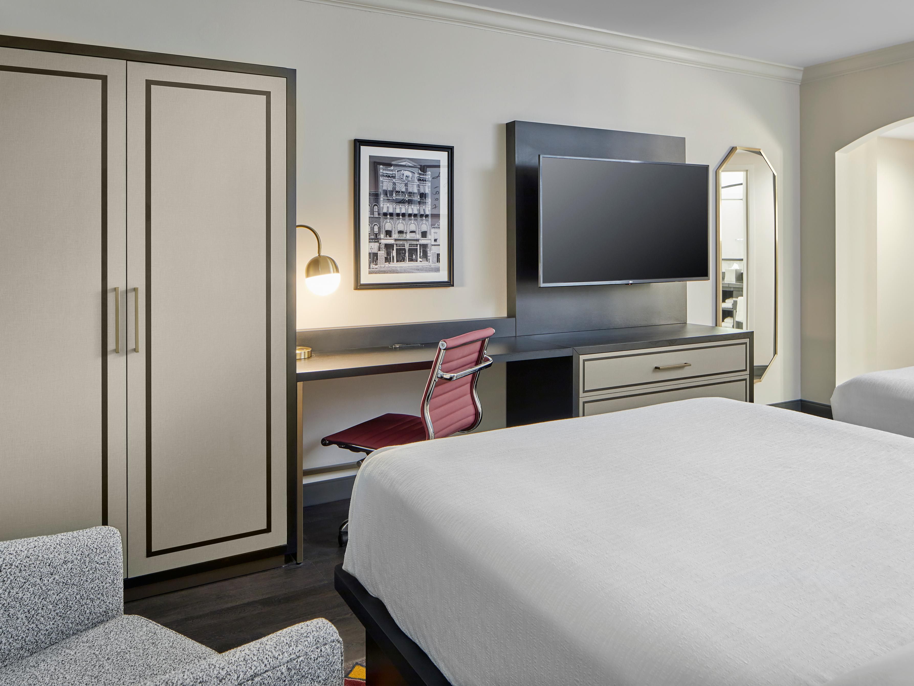 Two queen beds, convenient work space, free wi-fi