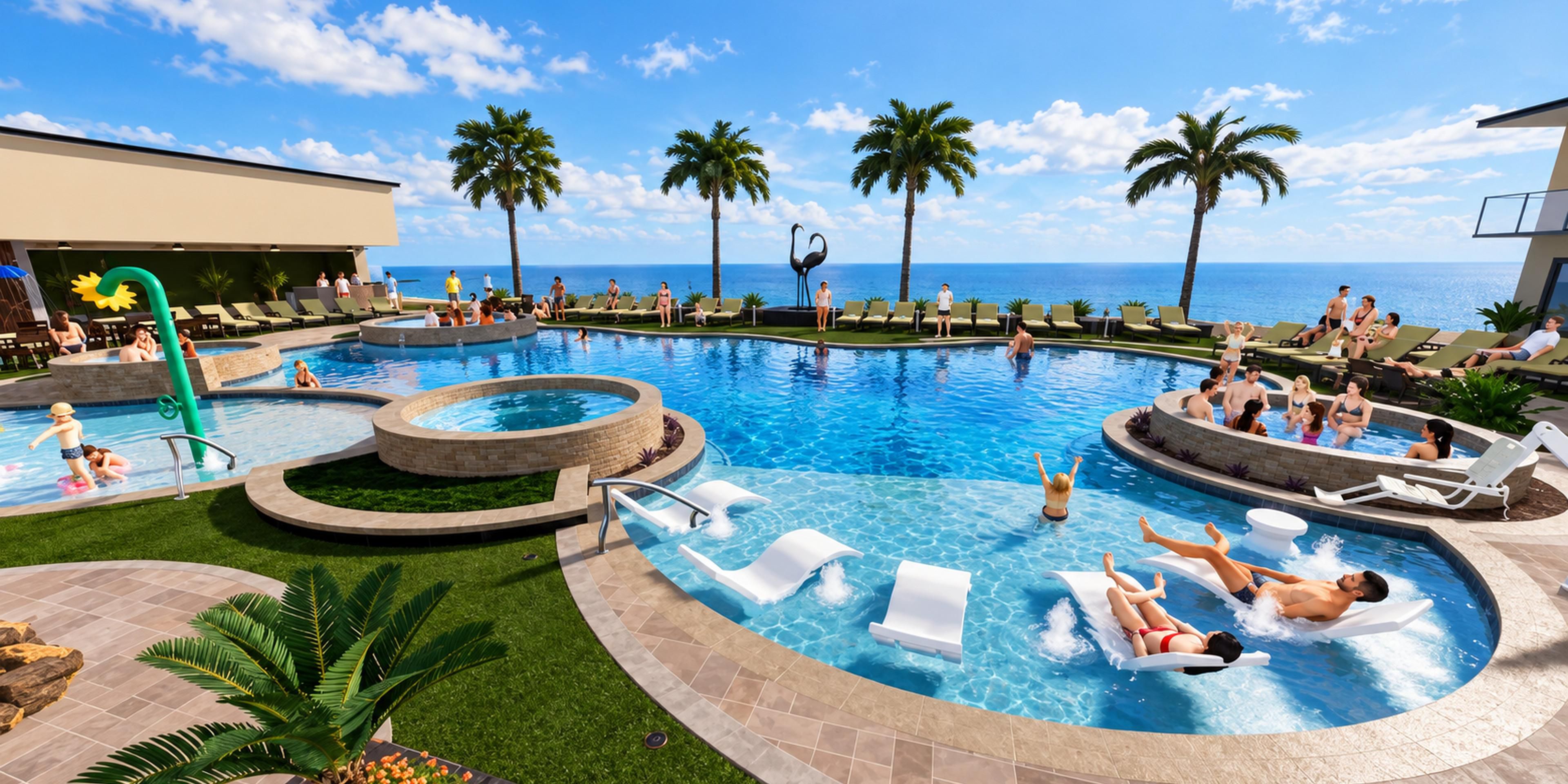 Resort-style outdoor pool with hot tubs and space to unwind