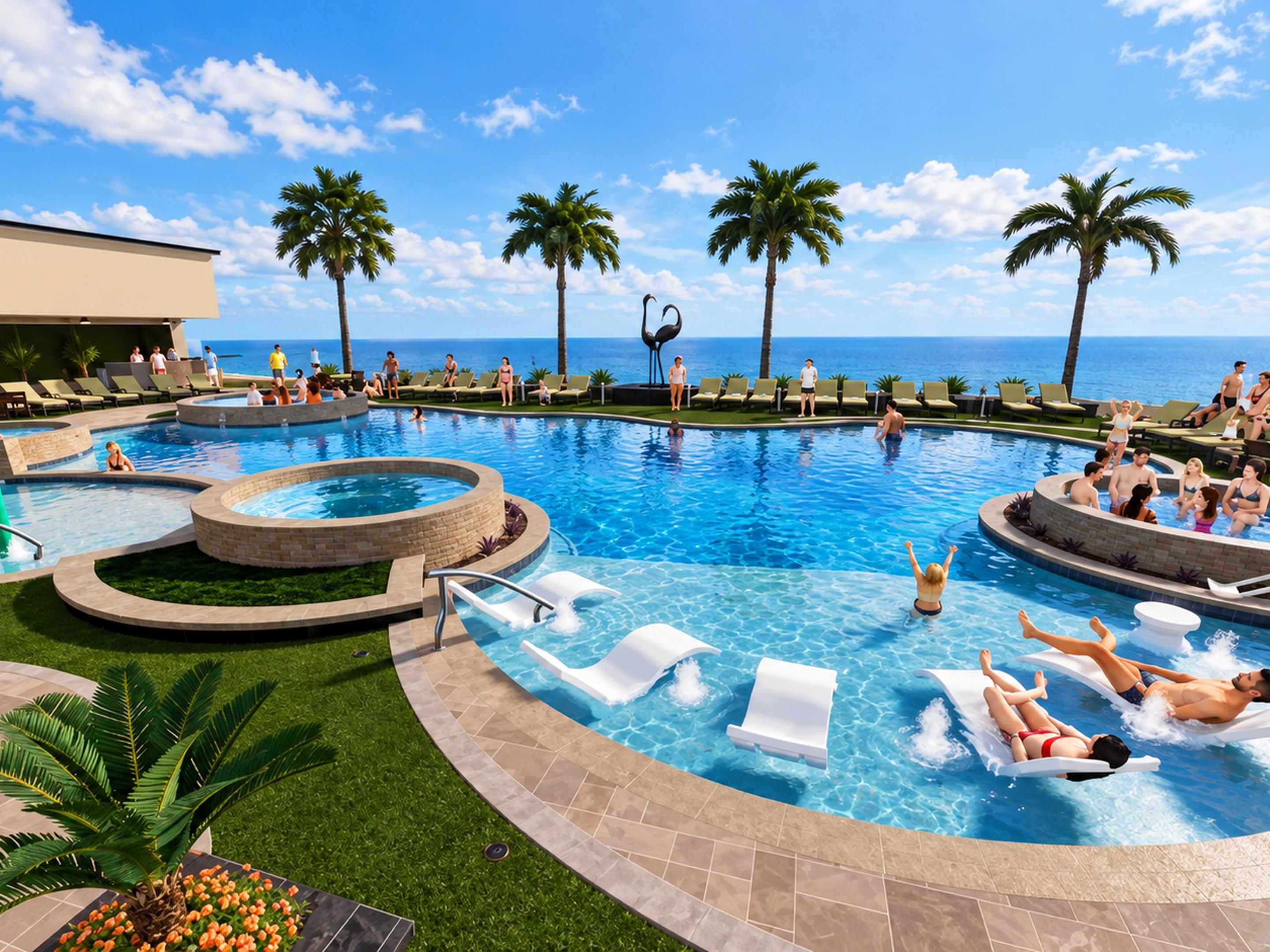 Resort-style outdoor pool with hot tubs and space to unwind