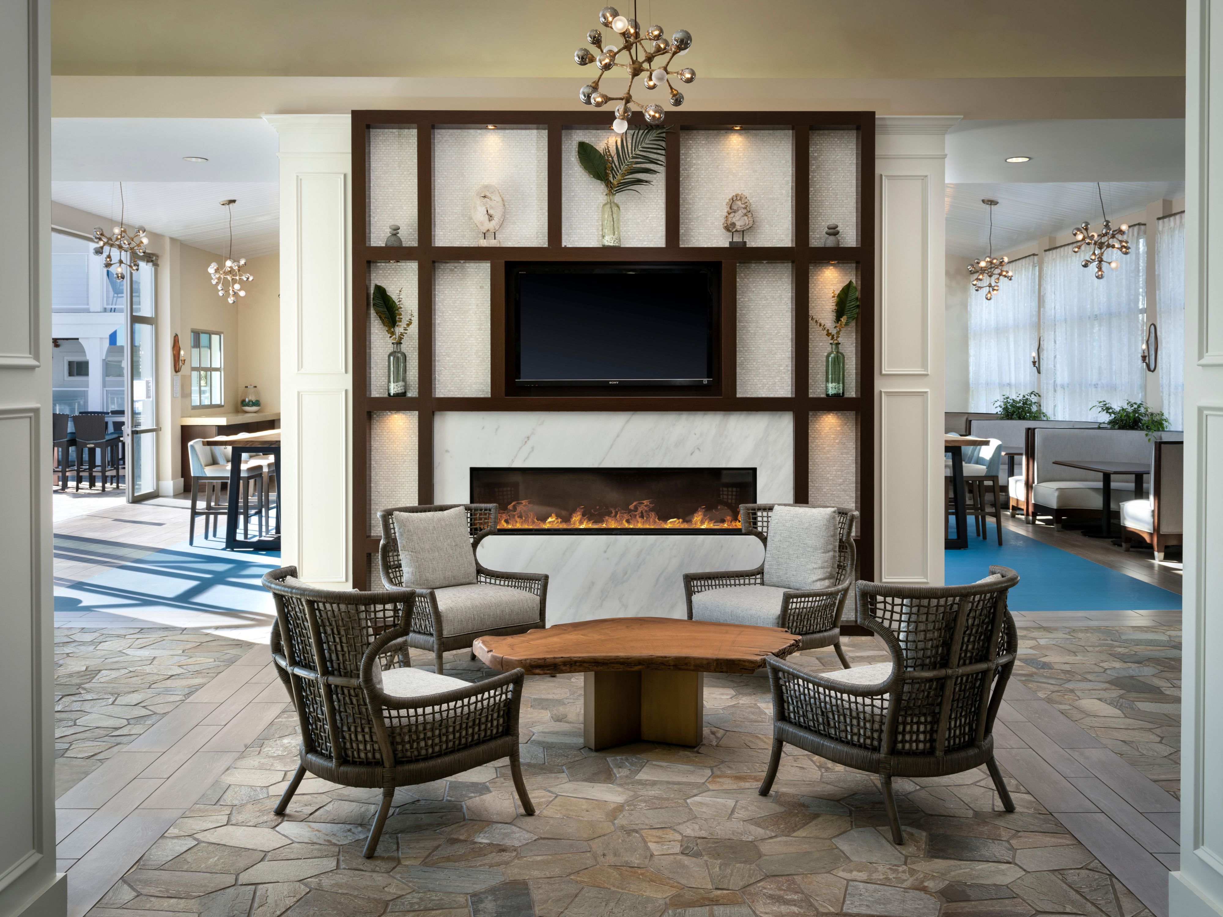 Newly renovated, cozy hotel lobby with ocean views