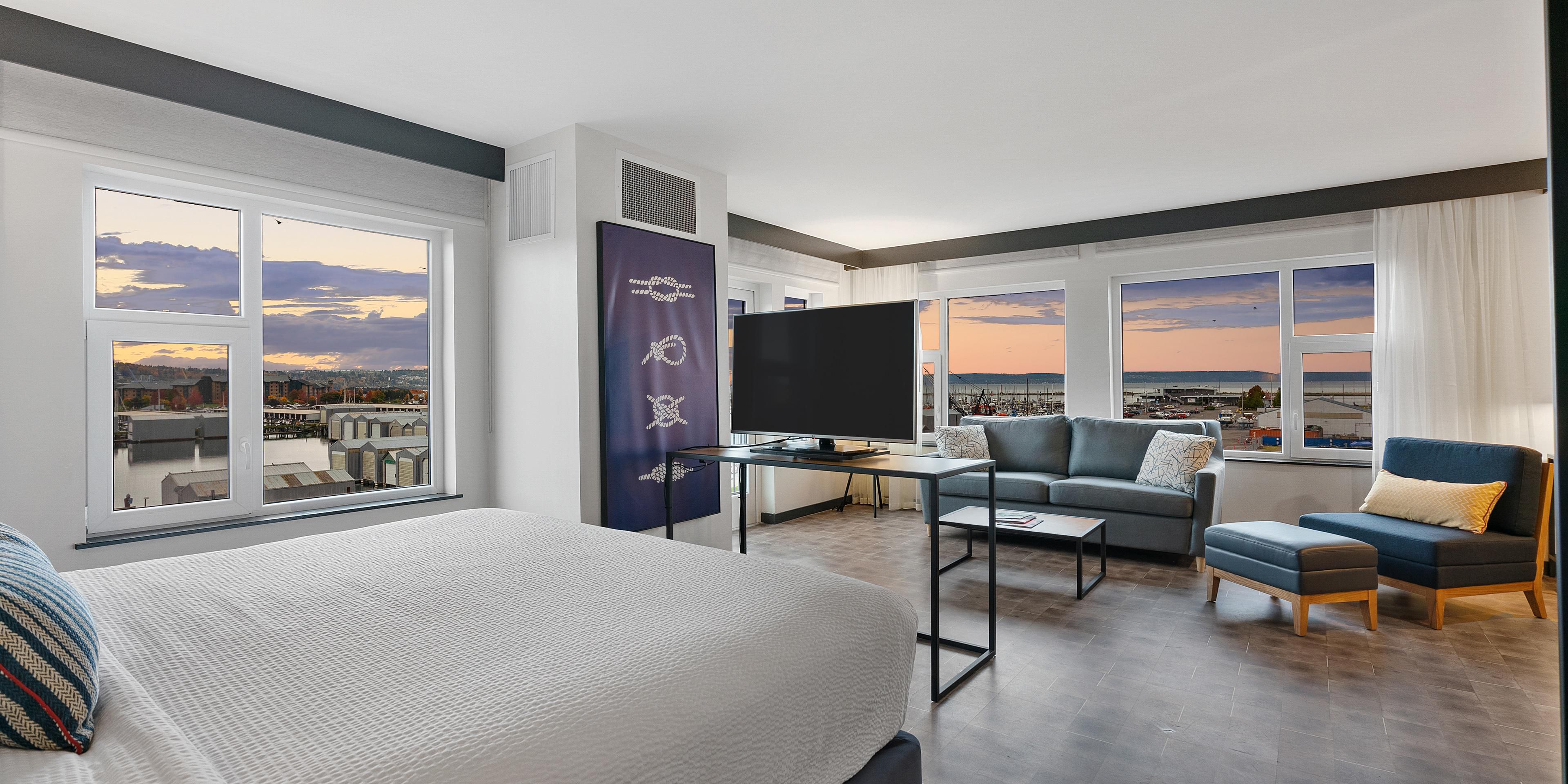 Water View King Suite with sweeping views of the Everett Marina
