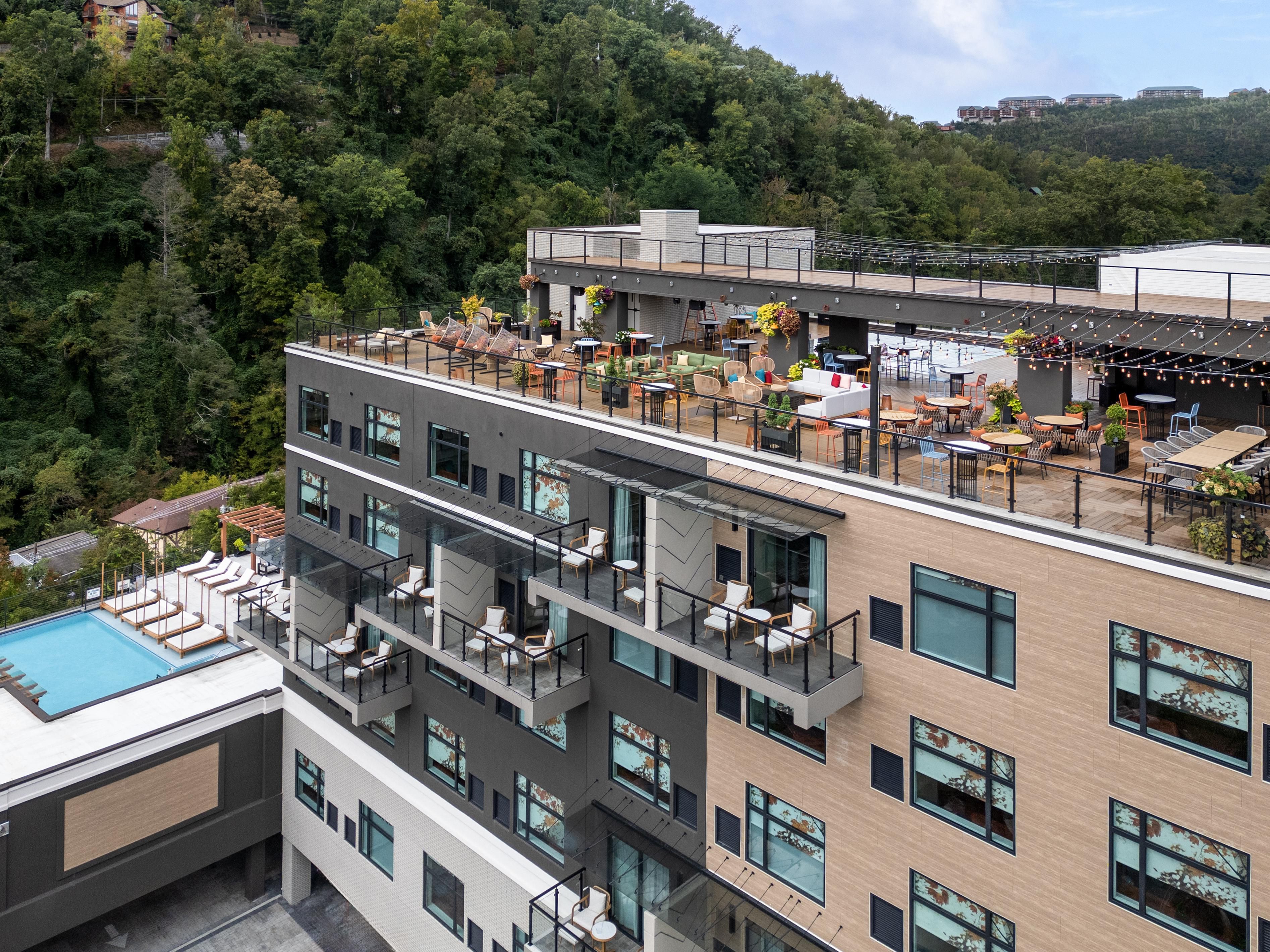 Aerial view of Hotel Indigo Gatlinburg rooftop and pool