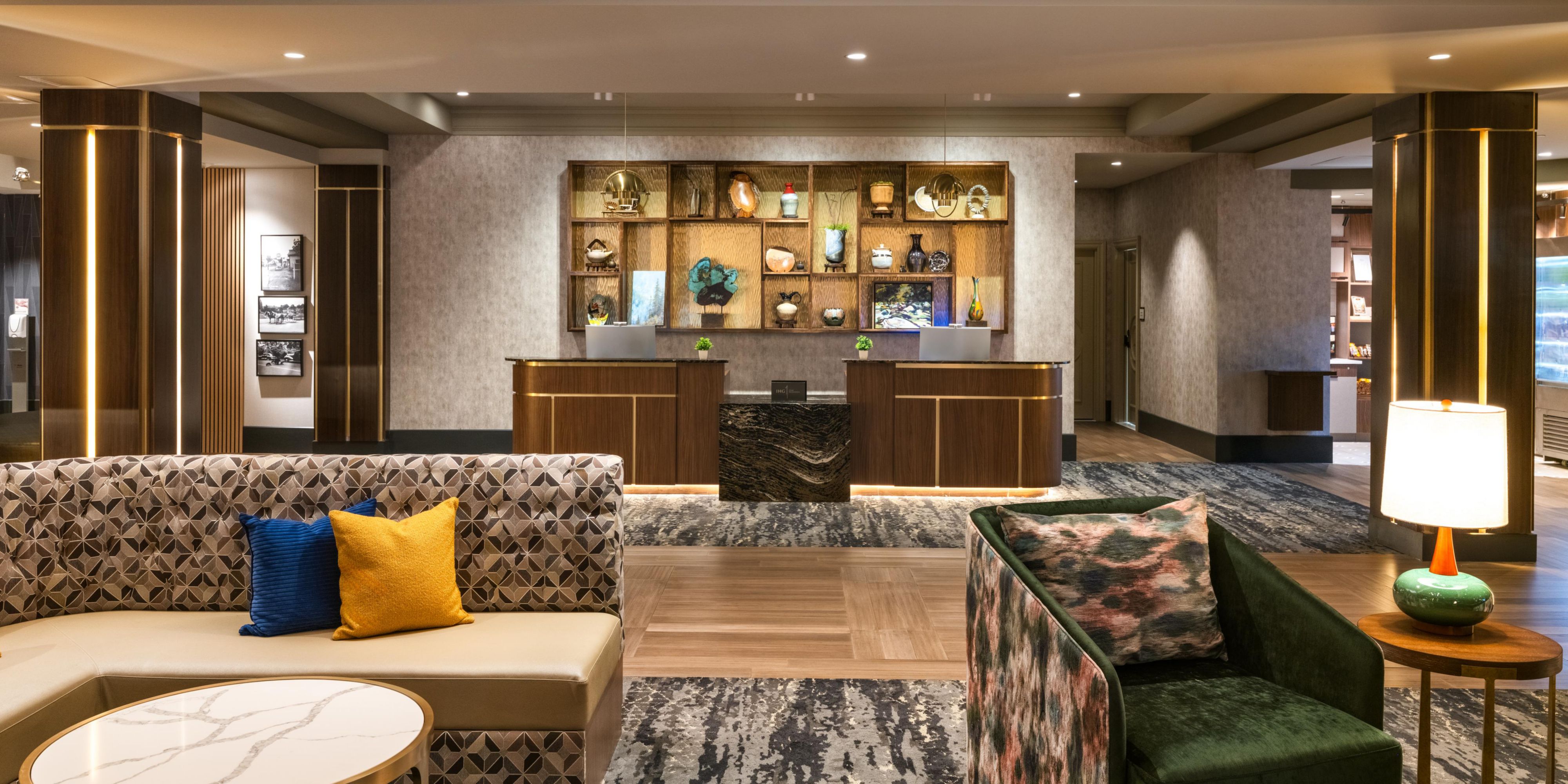 A warm lobby welcome with cozy seating.
