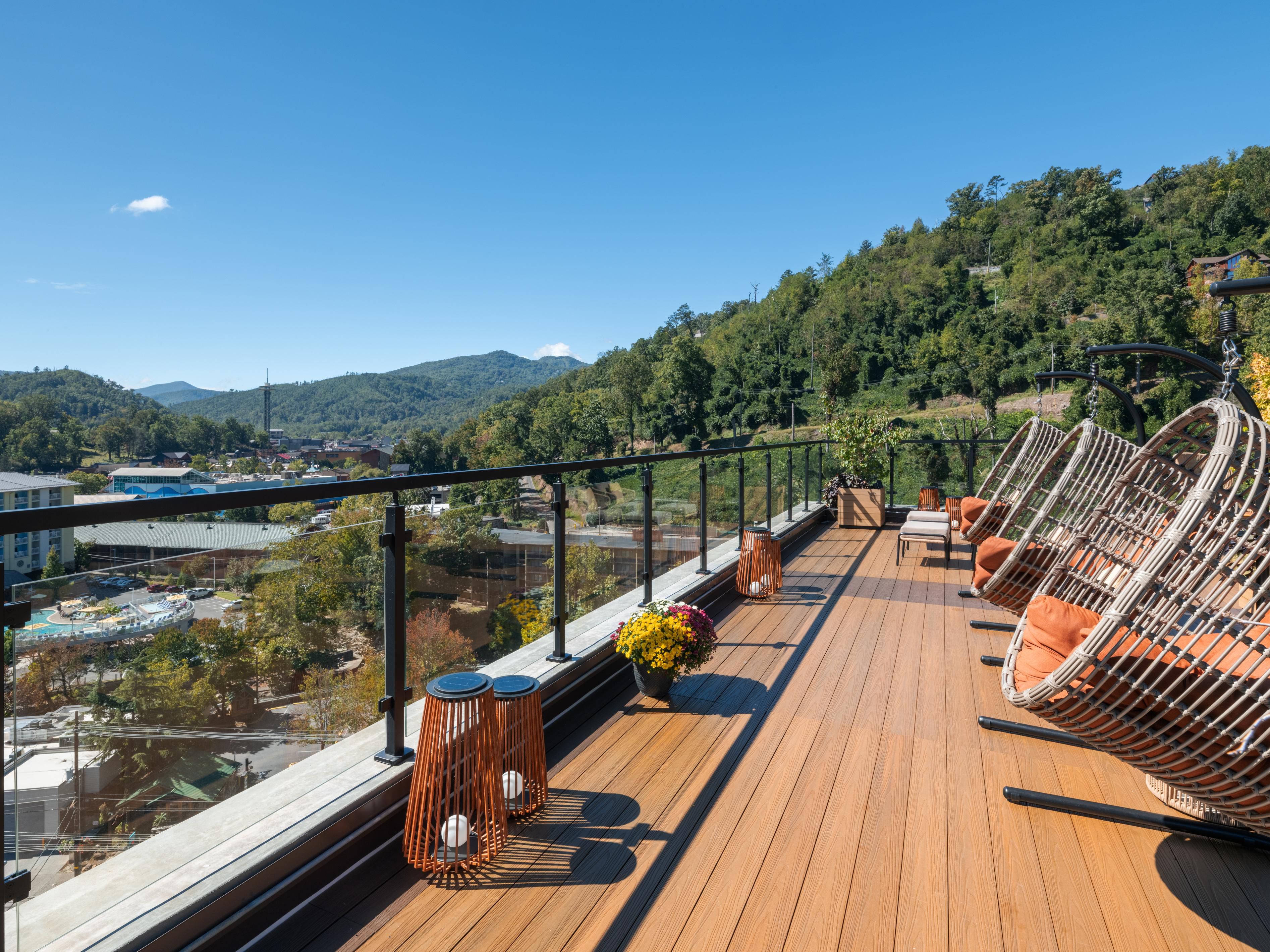 Rooftop patio with Smoky Mountain scenery
