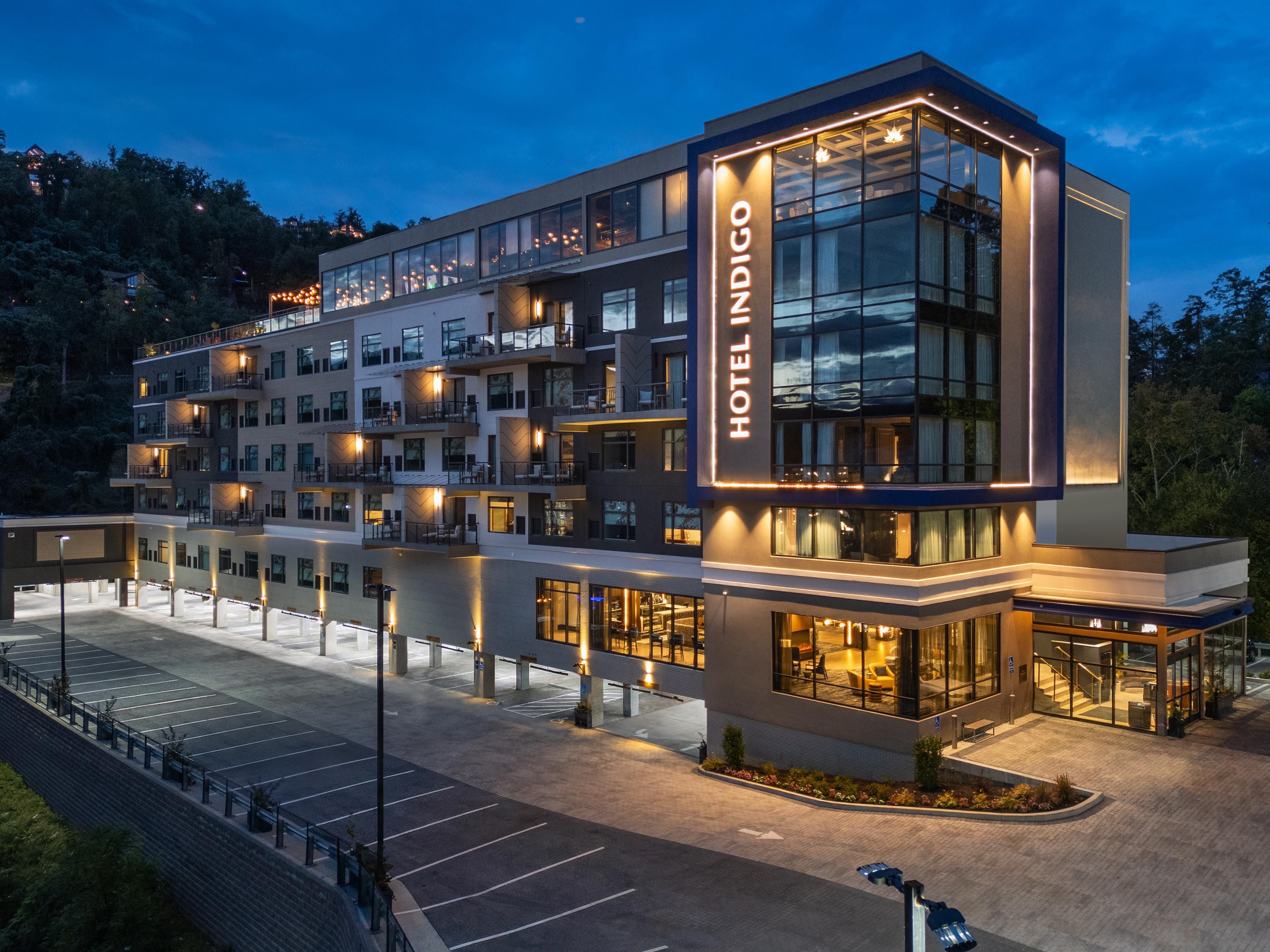 Hotel Indigo Gatlinburg glowing at twilight