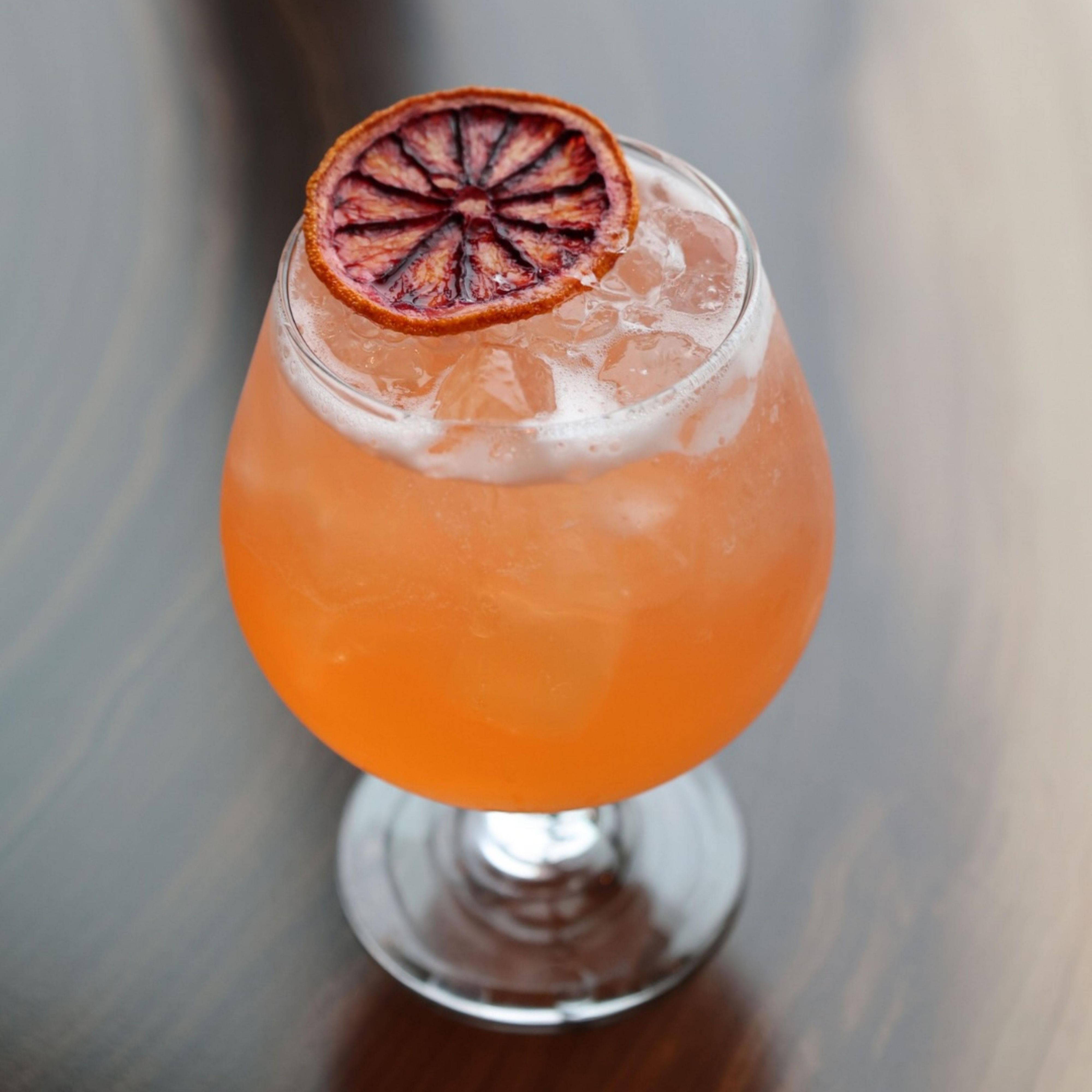 Orange cocktail garnished with a dried citrus slice