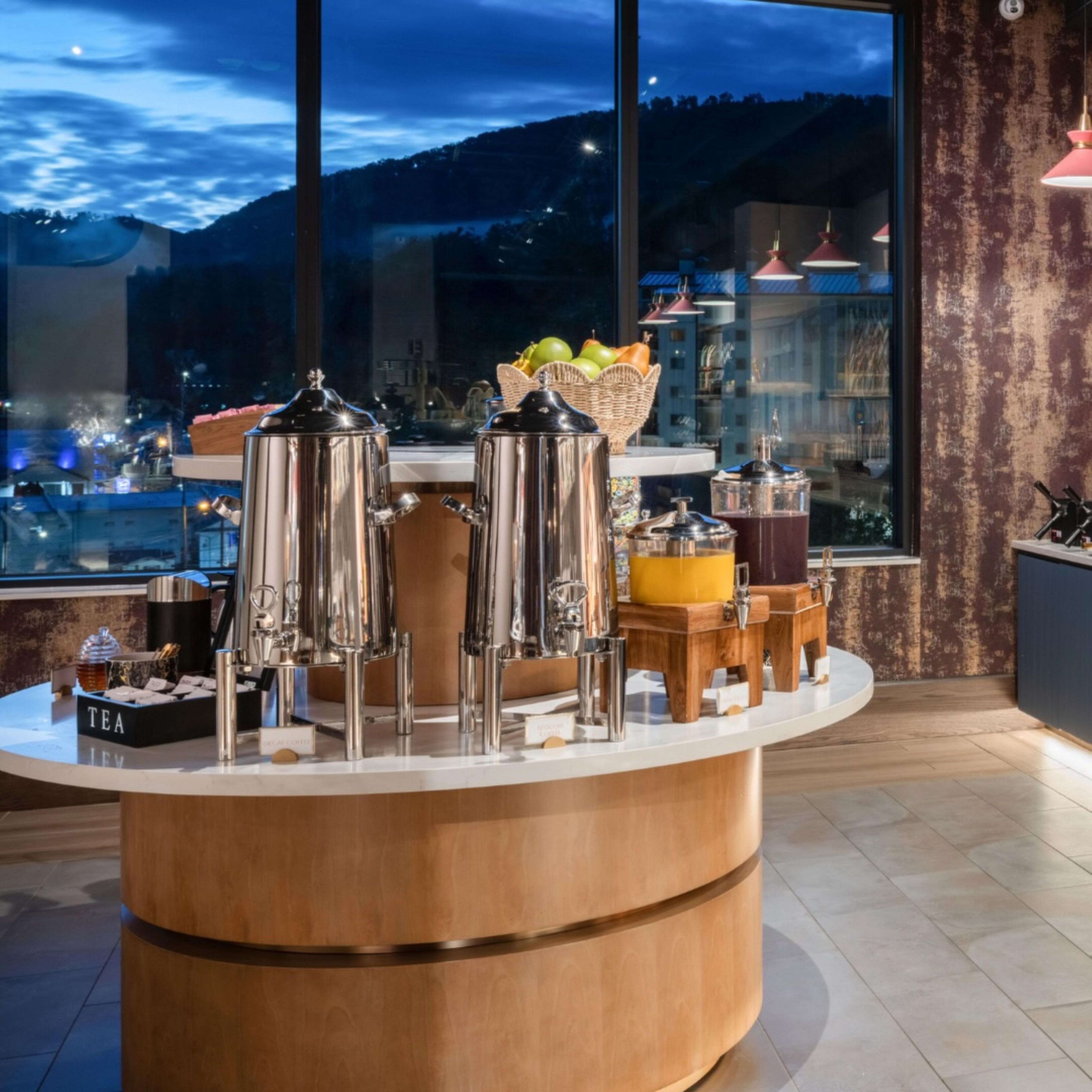 Breakfast beverage station with coffee and juice