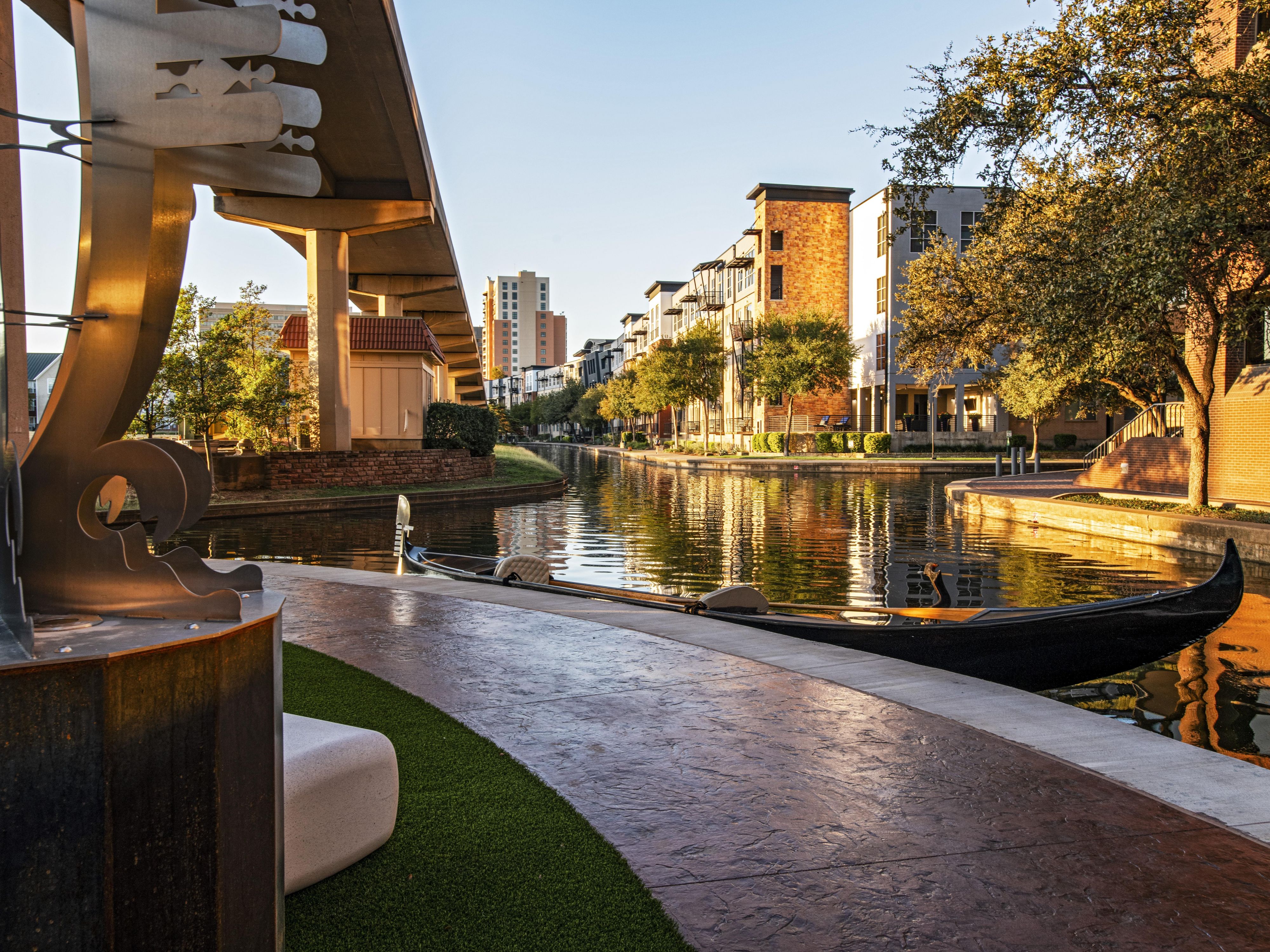 Waterway path leading to tranquil outdoor seating