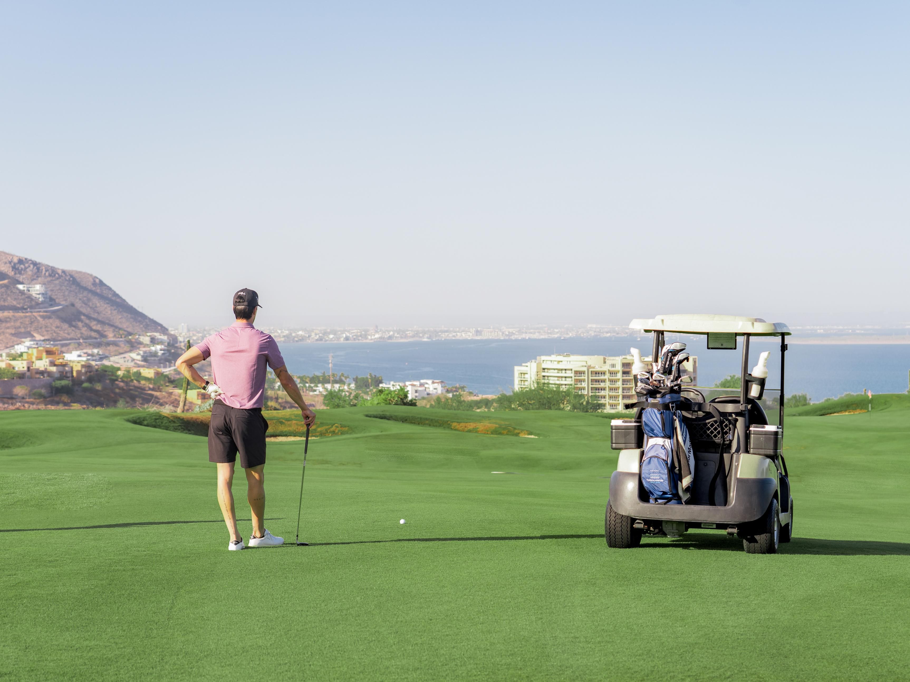 Jugador y carrito de golf 