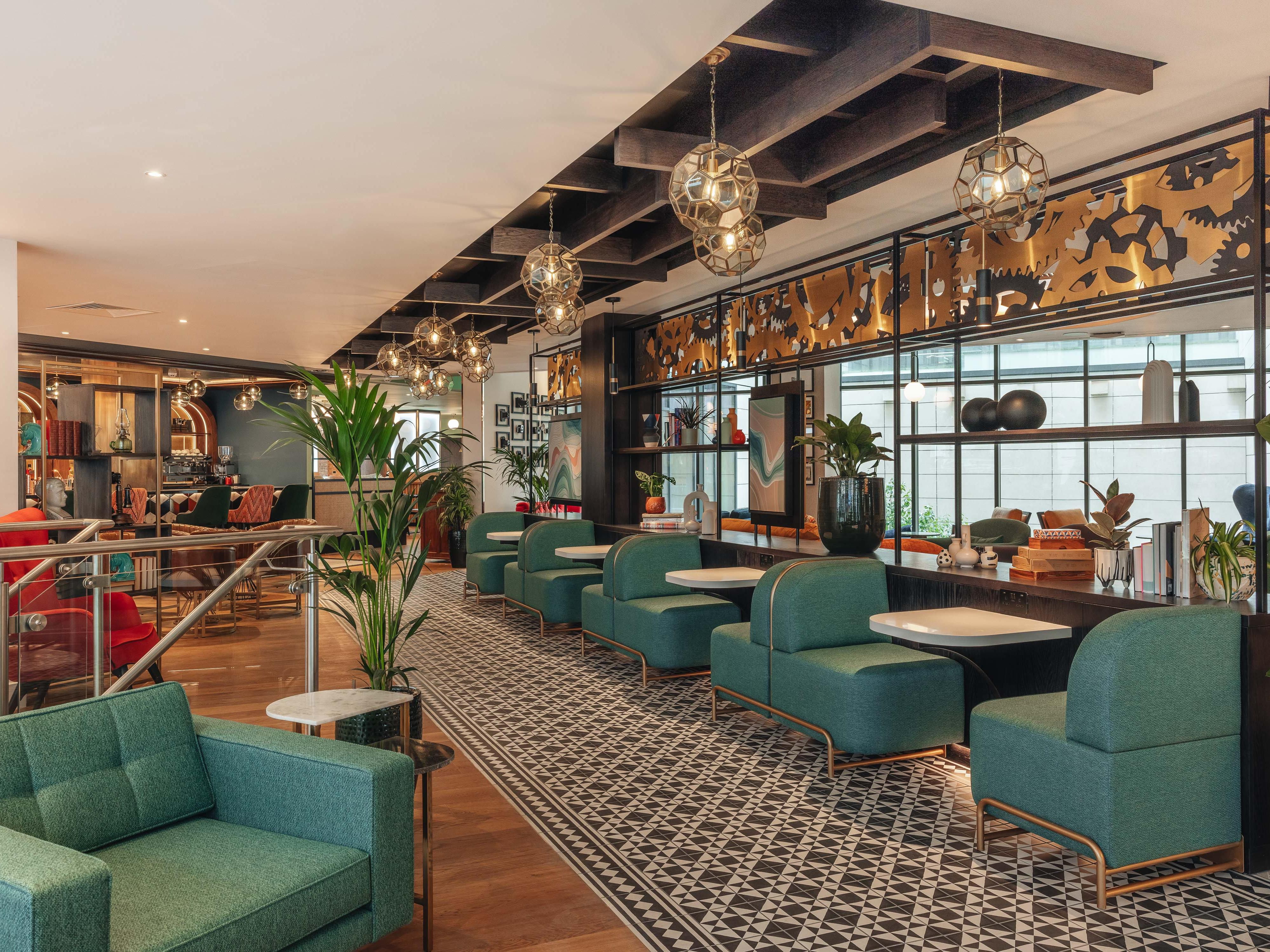 Hotel lobby lounge and seating booths