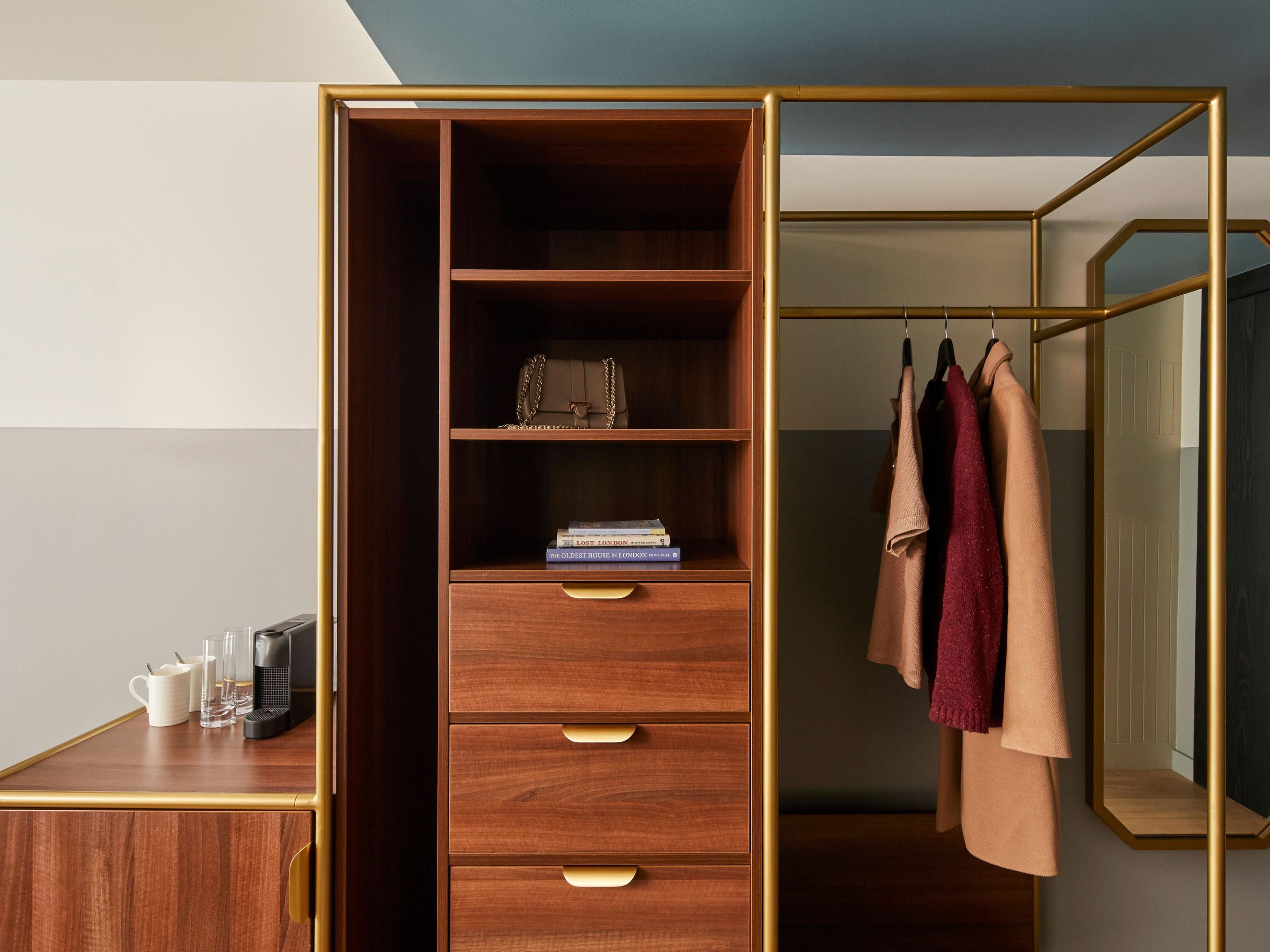 Goldsmith room wardrobe with drawers and hangers.