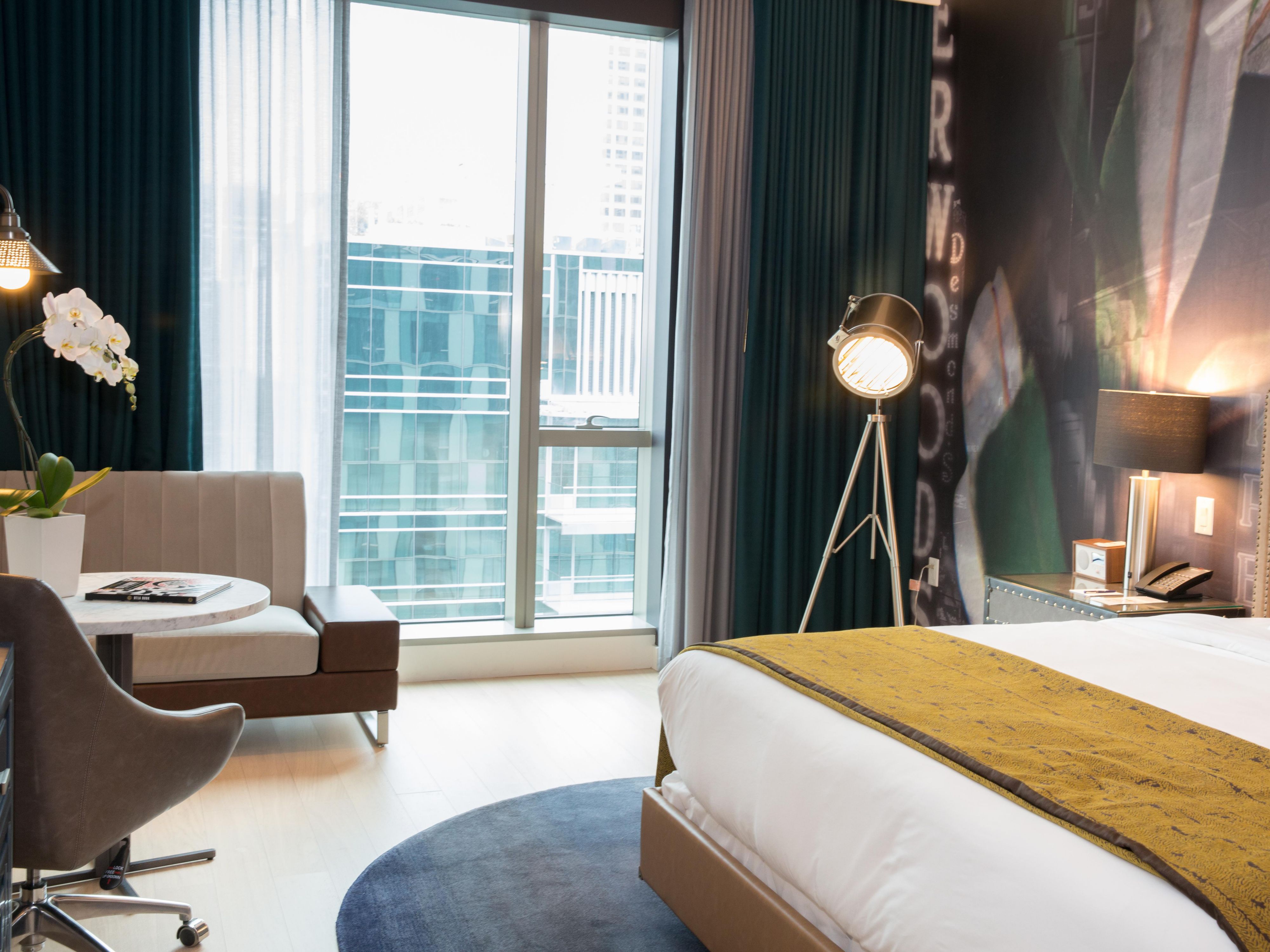 Enjoy unique décor in our king suite with city views.