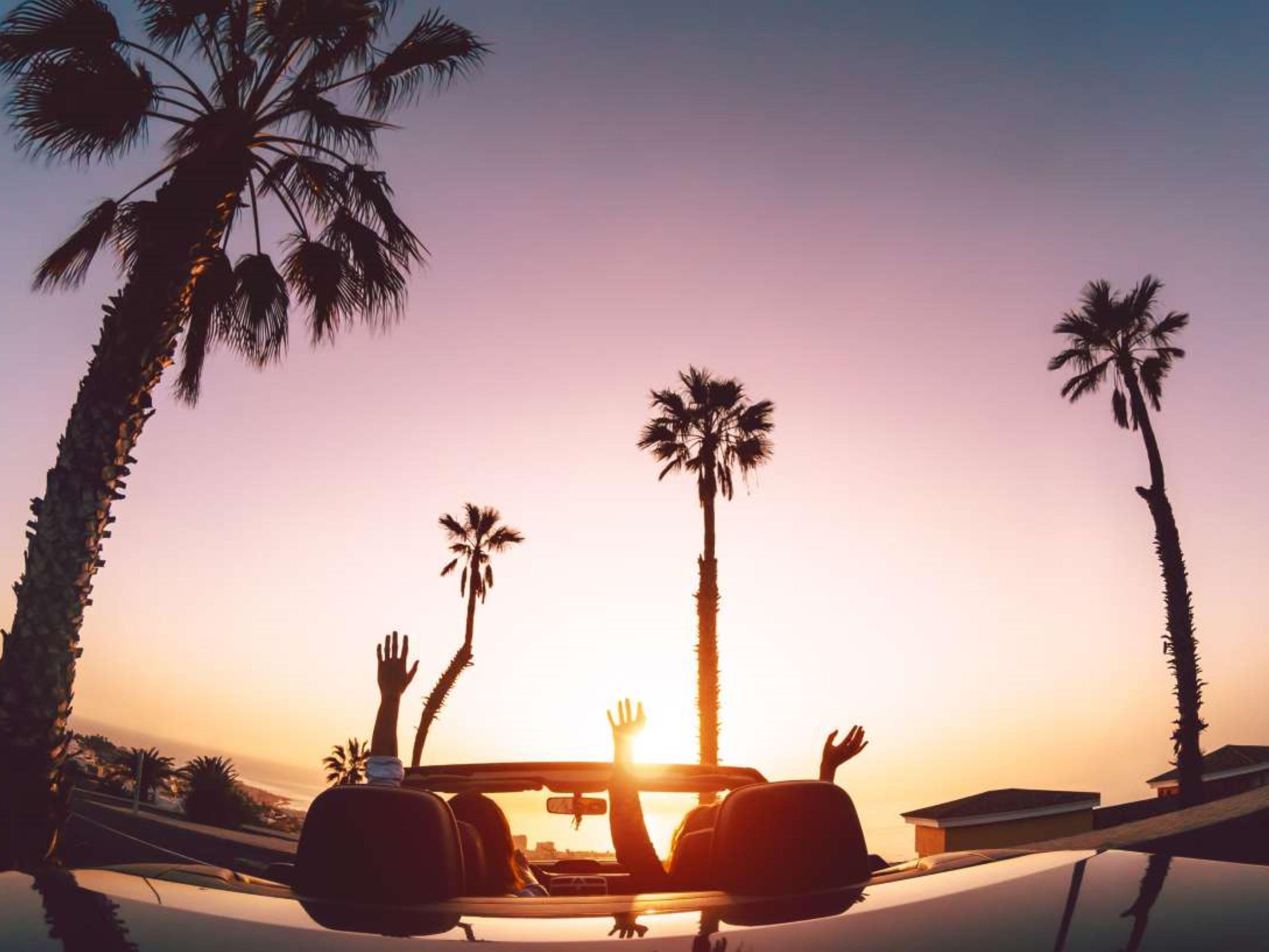 couple driving in a car with palm trees and sunset in the background