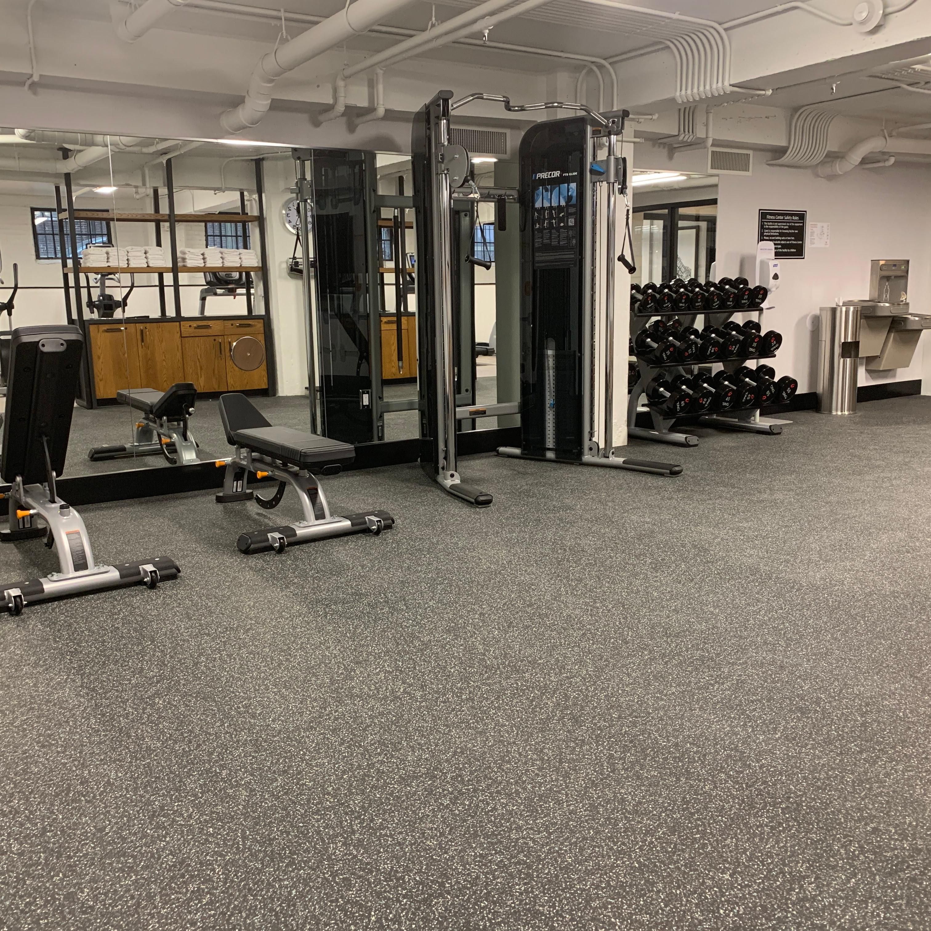 Free weights and yoga mats are available 24-hr in our fitness ctr