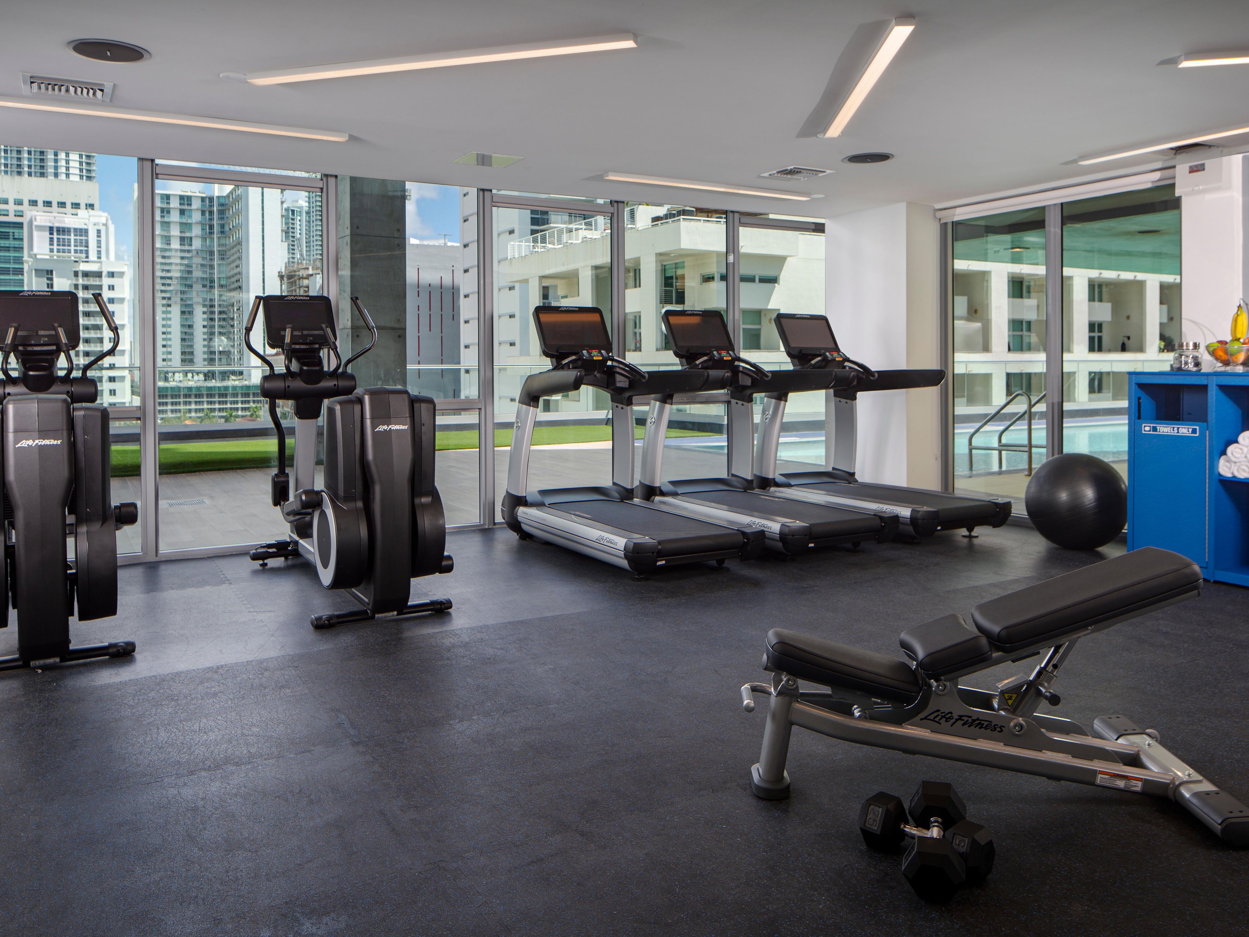 Treadmills and weights in the fitness center