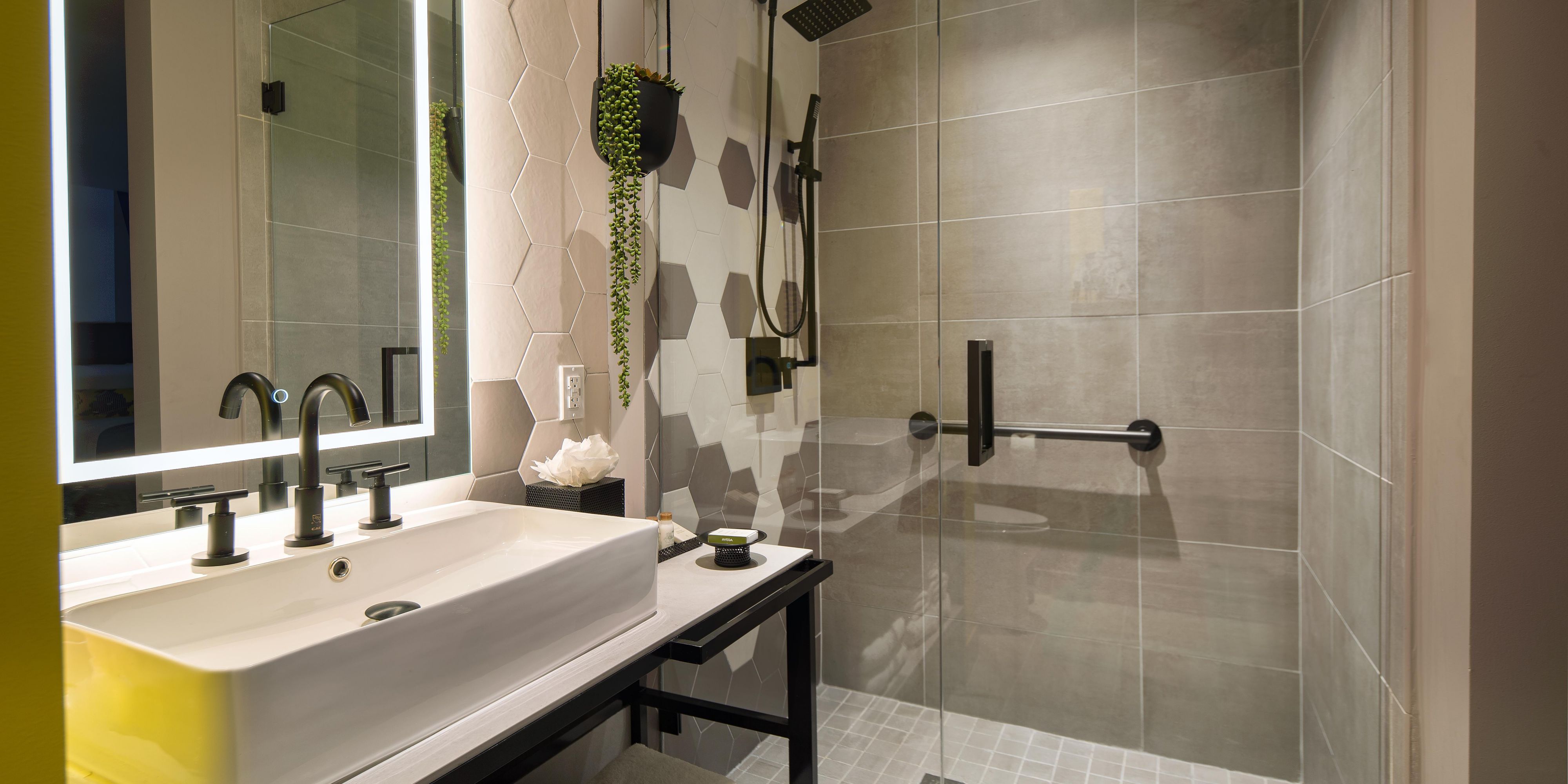 Our Deluxe bathrooms feature a luxurious rain head shower.
