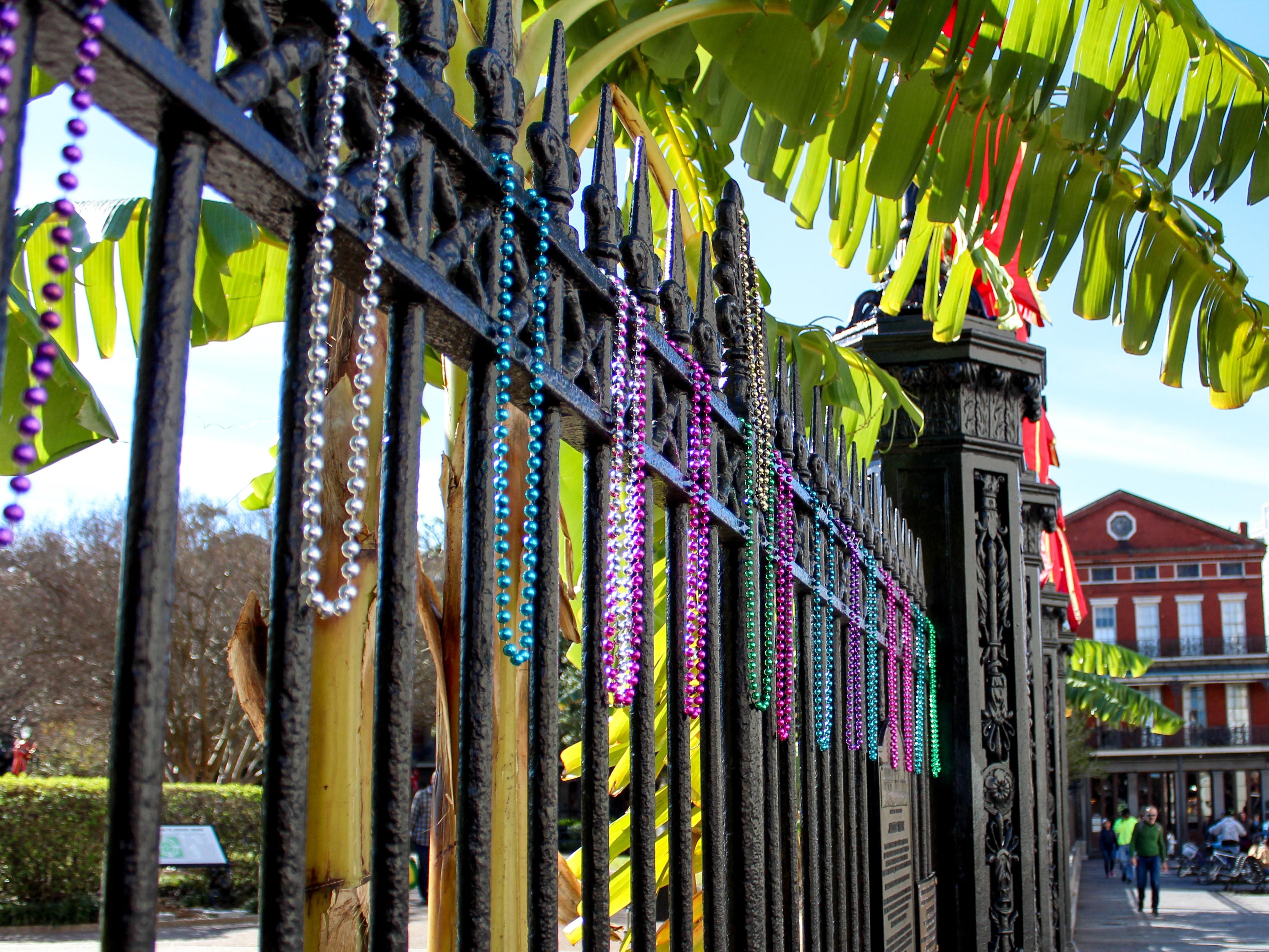 mardi gras beads on fence