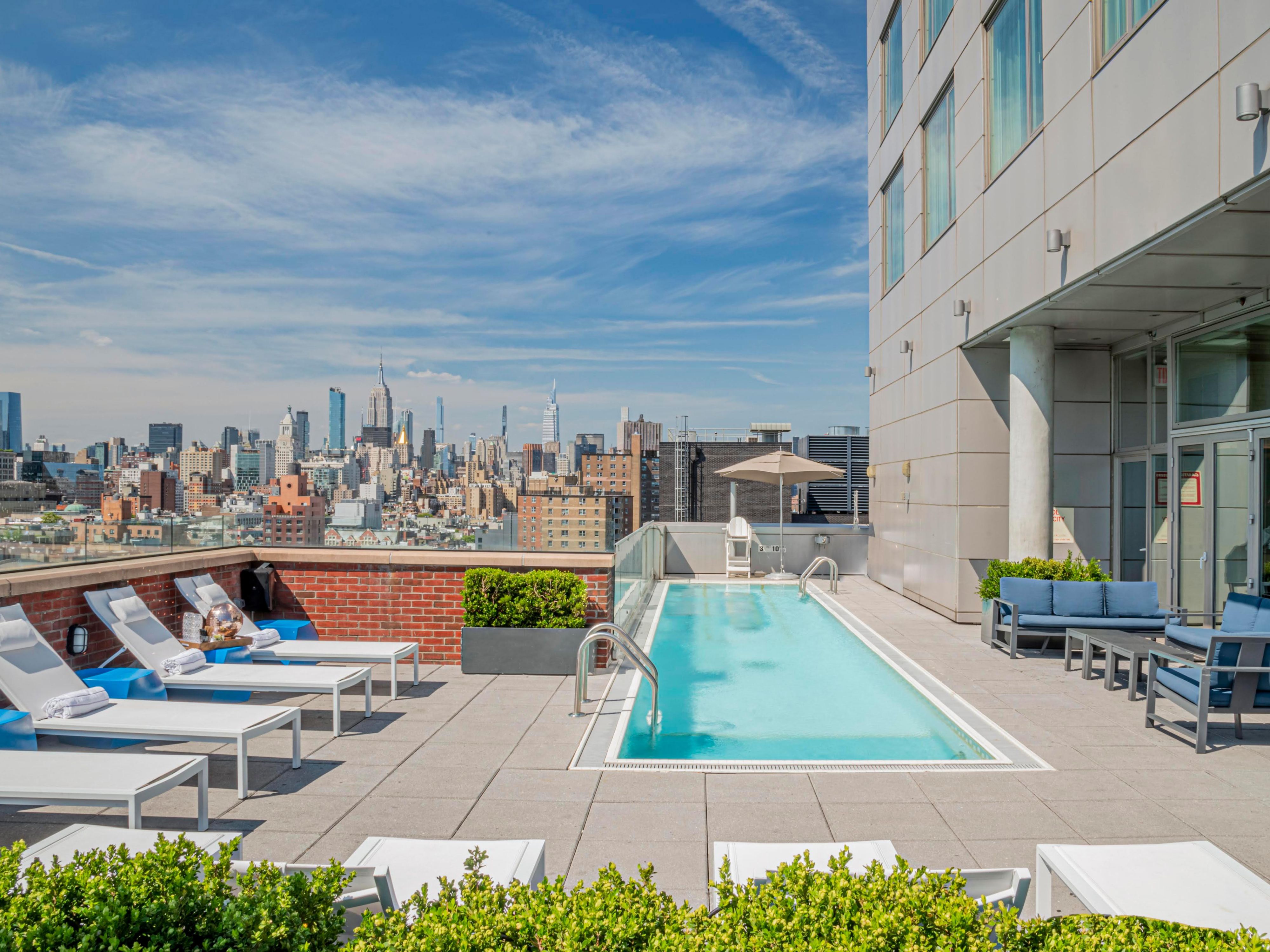 From May through September, head to our rooftop pool on floor 15 at Mr. Purple and take a dip against the striking city skyline. For pool access, we will check hotel guests' photo ID and room card. Pool Hours: Monday-Friday 9 am - 5 pm Saturday-Sunday 9 am - 1 pm (by reservation only starting at 2 pm)