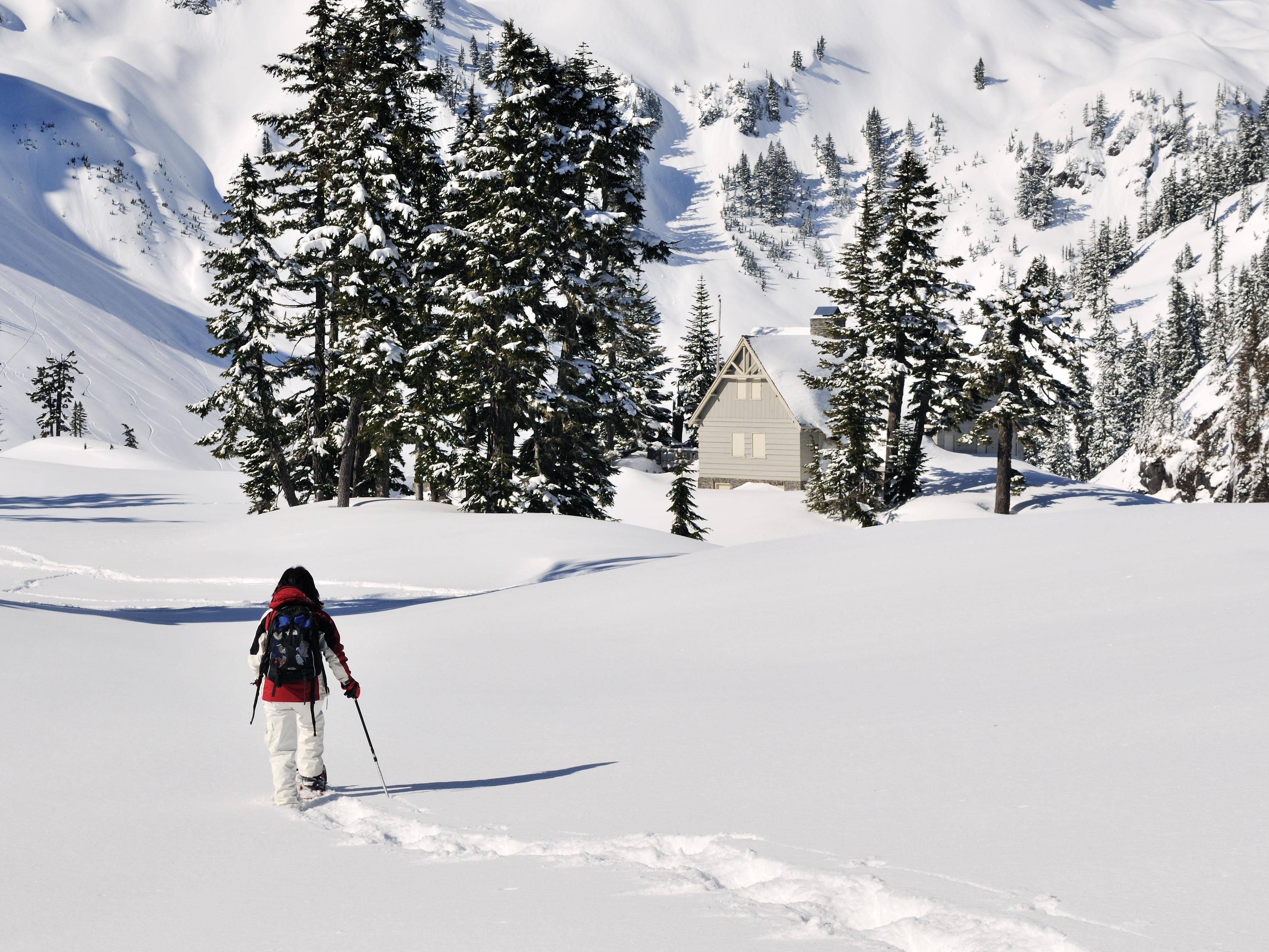 Skiier going down a snowy mountain.