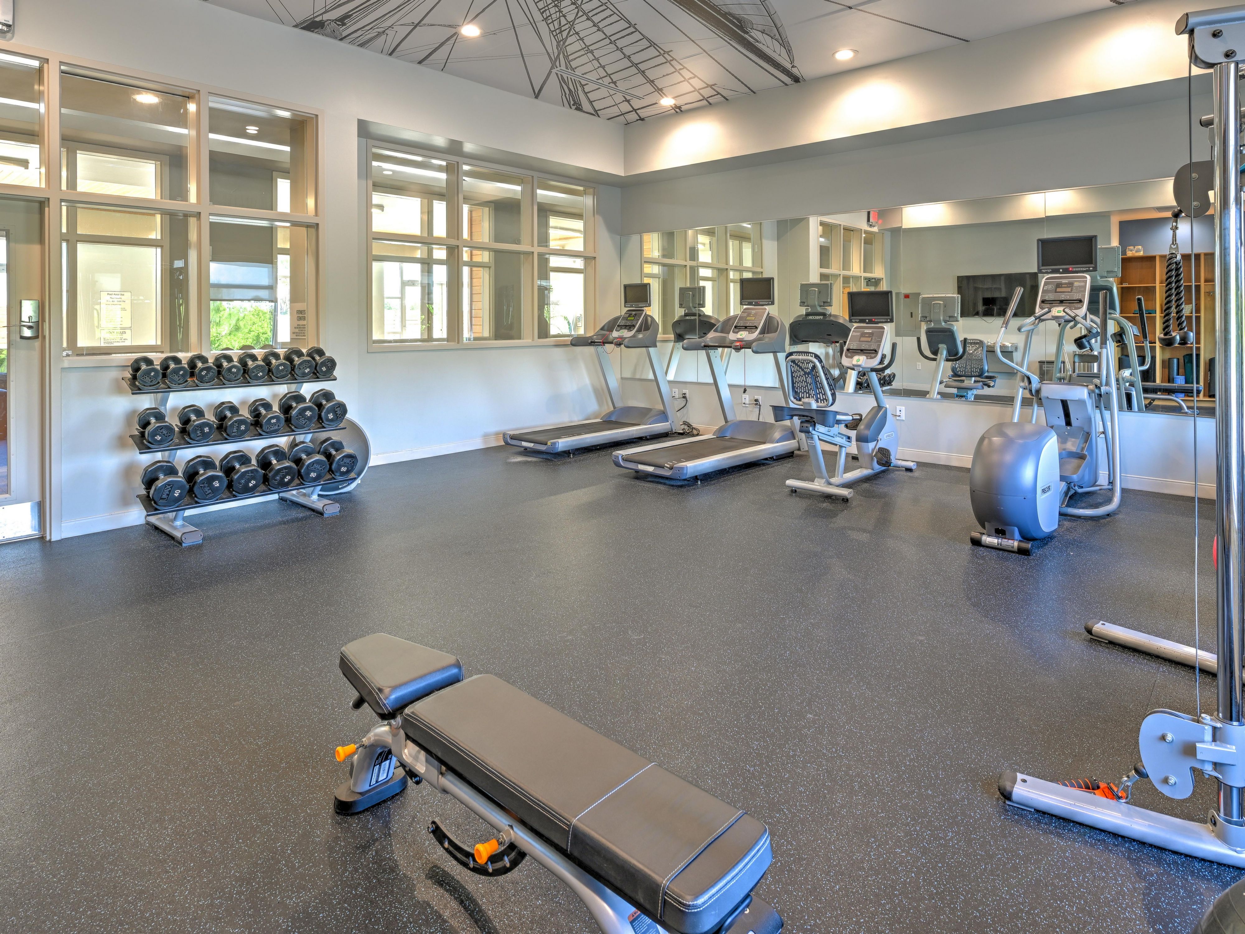 Our modern fitness center is designed to help you stay on track with your wellness goals while you're away from home. Featuring state-of-the-art cardio machines including treadmills, ellipticals, and a recumbent bike—all equipped with personal entertainment screens—you’ll have everything you need for a dynamic workout. 