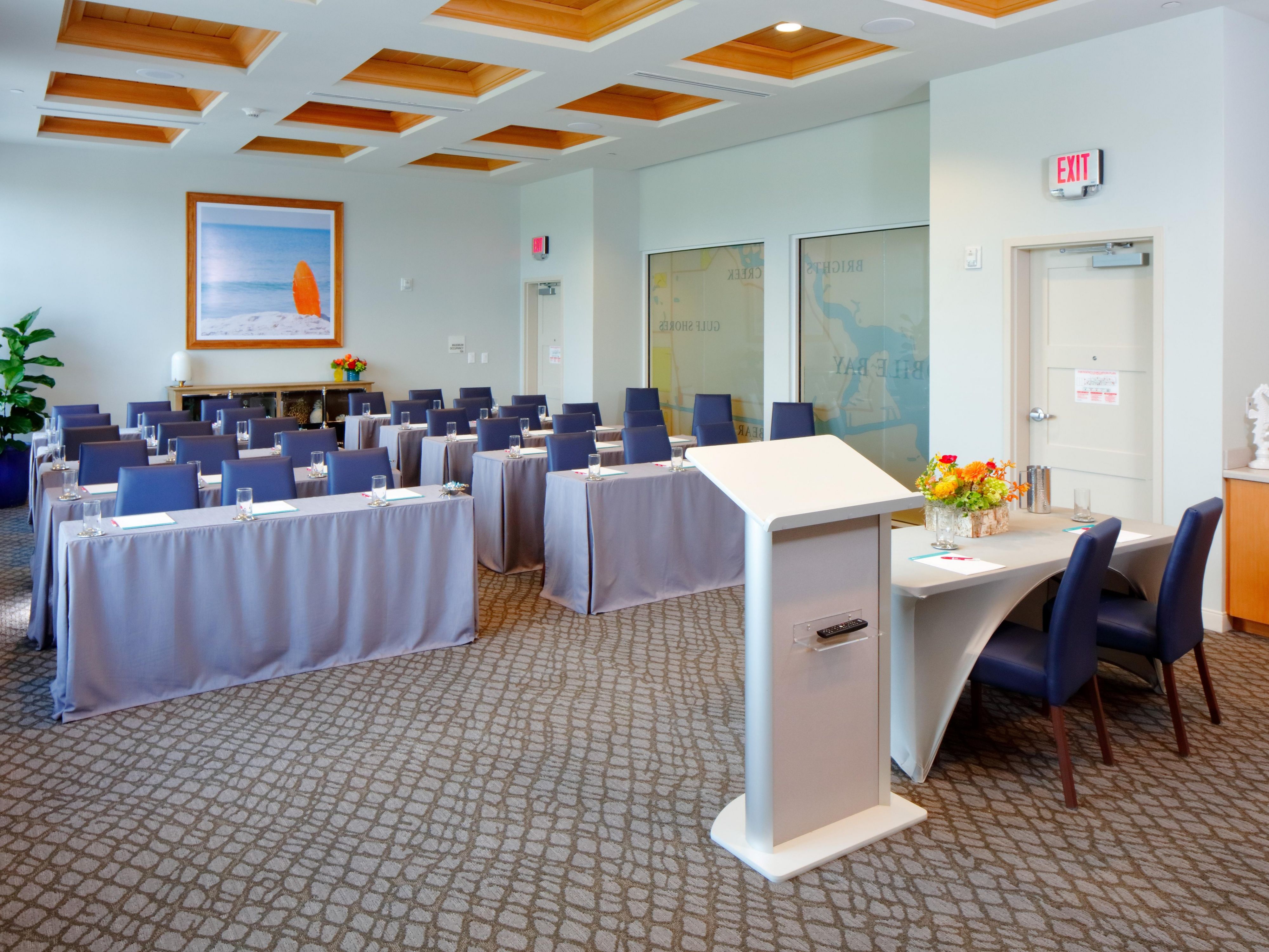 Guests will enjoy a refreshing atmosphere, locally inspired cuisine, and easy access to the beach, nature trails, and area attractions. Let your group experience productivity—with a splash of Gulf Coast relaxation.  Our venue offers natural light, built-in A/V, and personalized service to make every event seamless.
