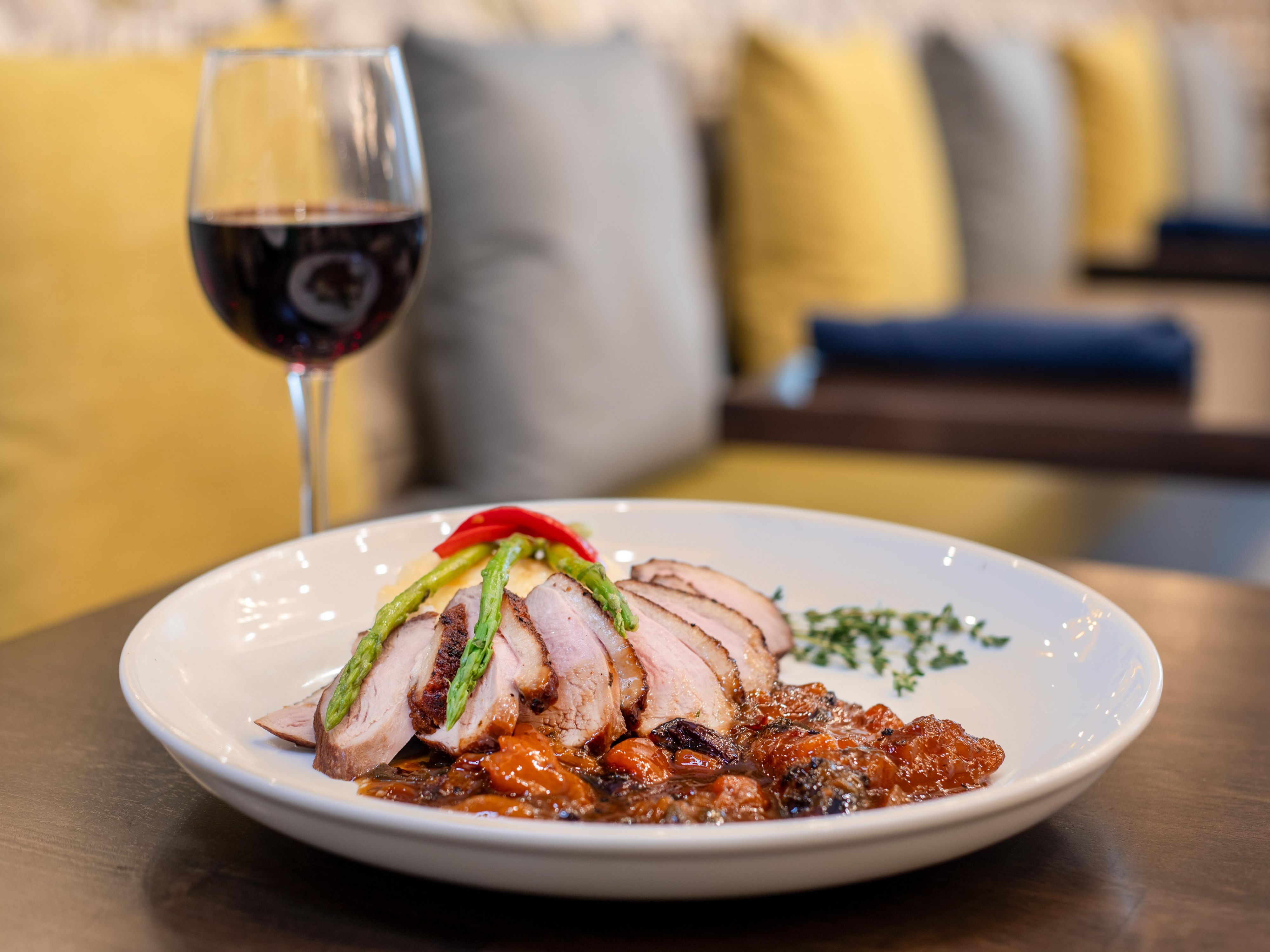 plated dinner and wine