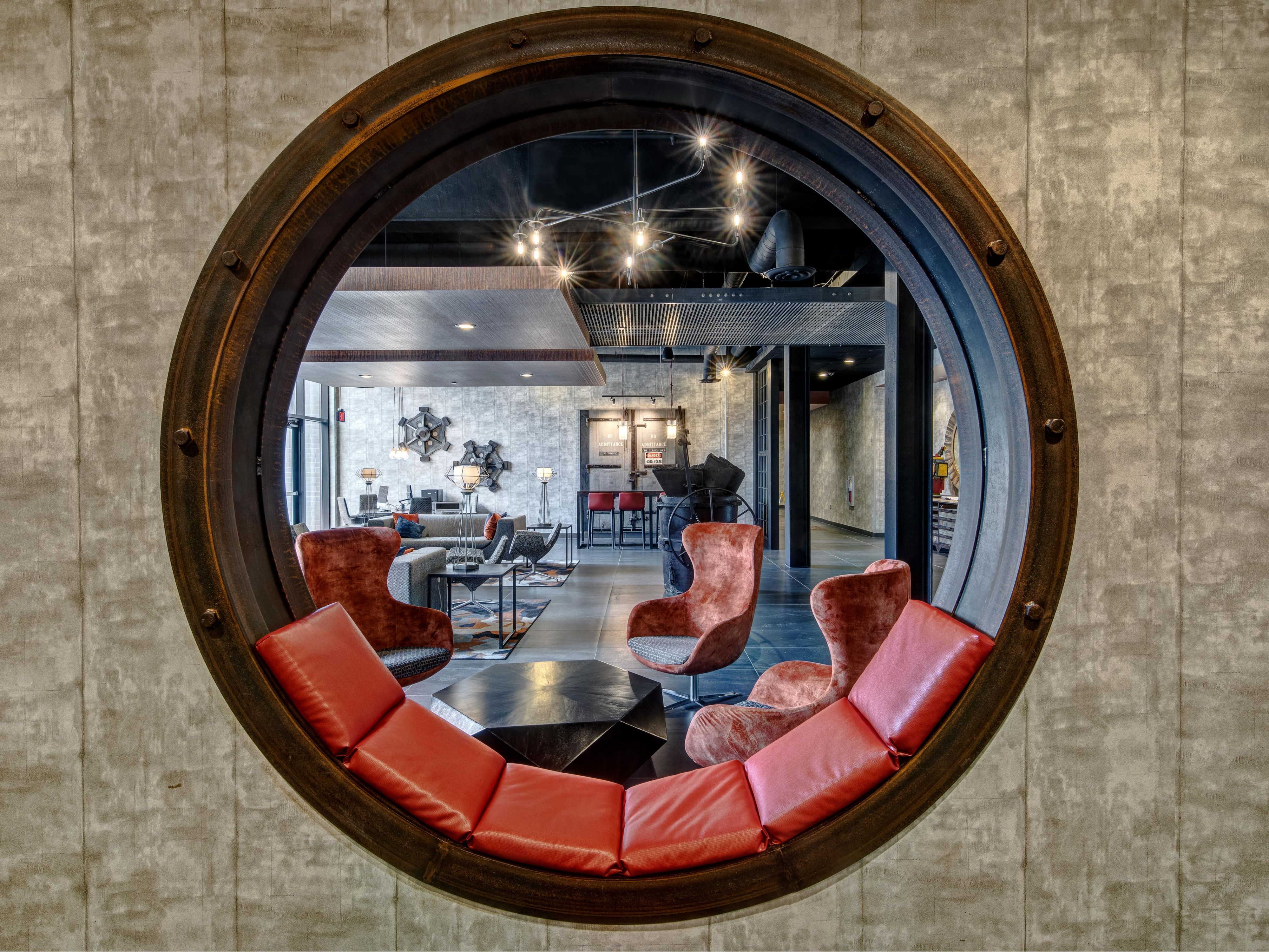 Circular industrial seating in our lobby great room