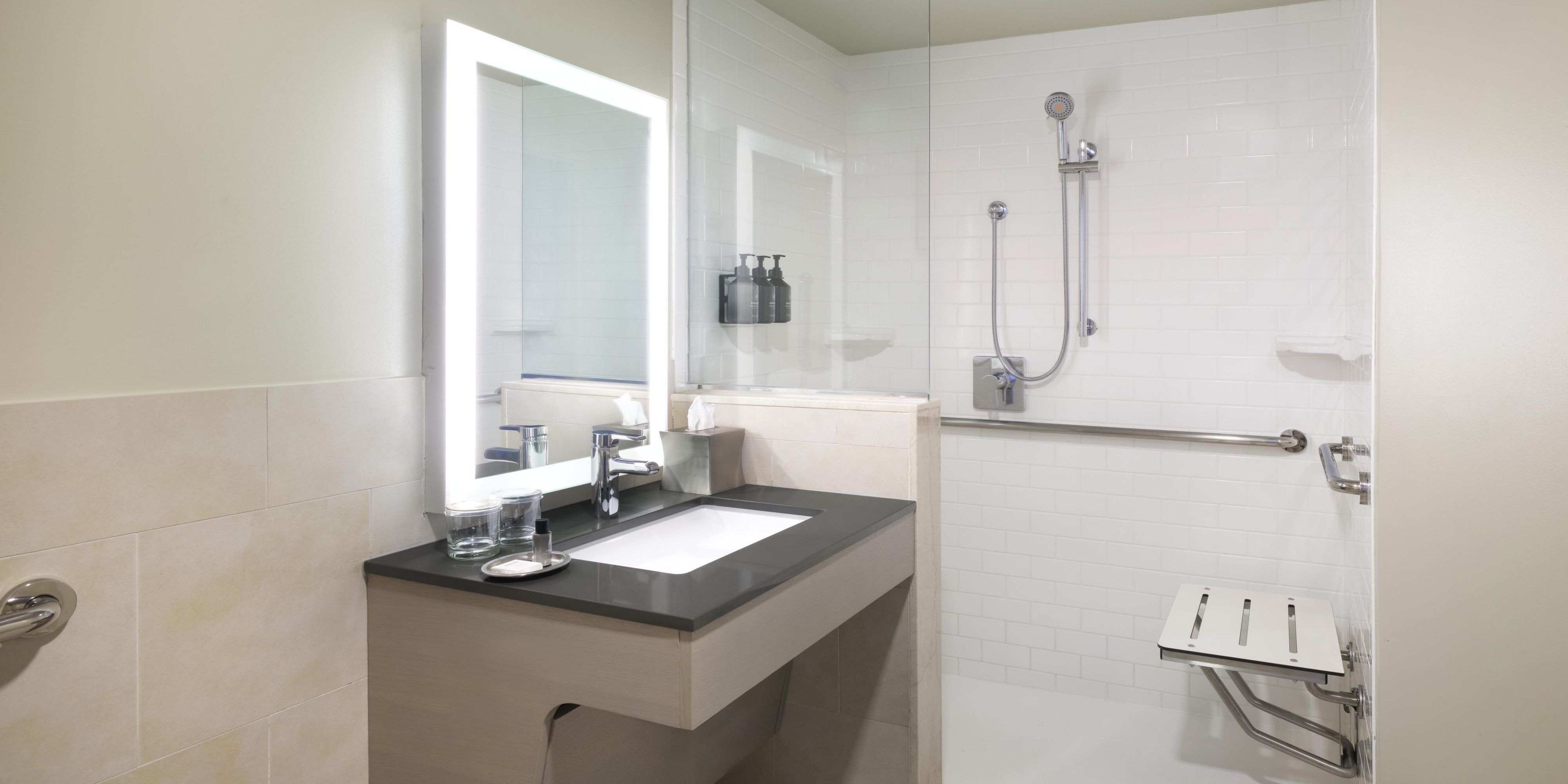 Our accessible bathrooms feature roll-in showers. 