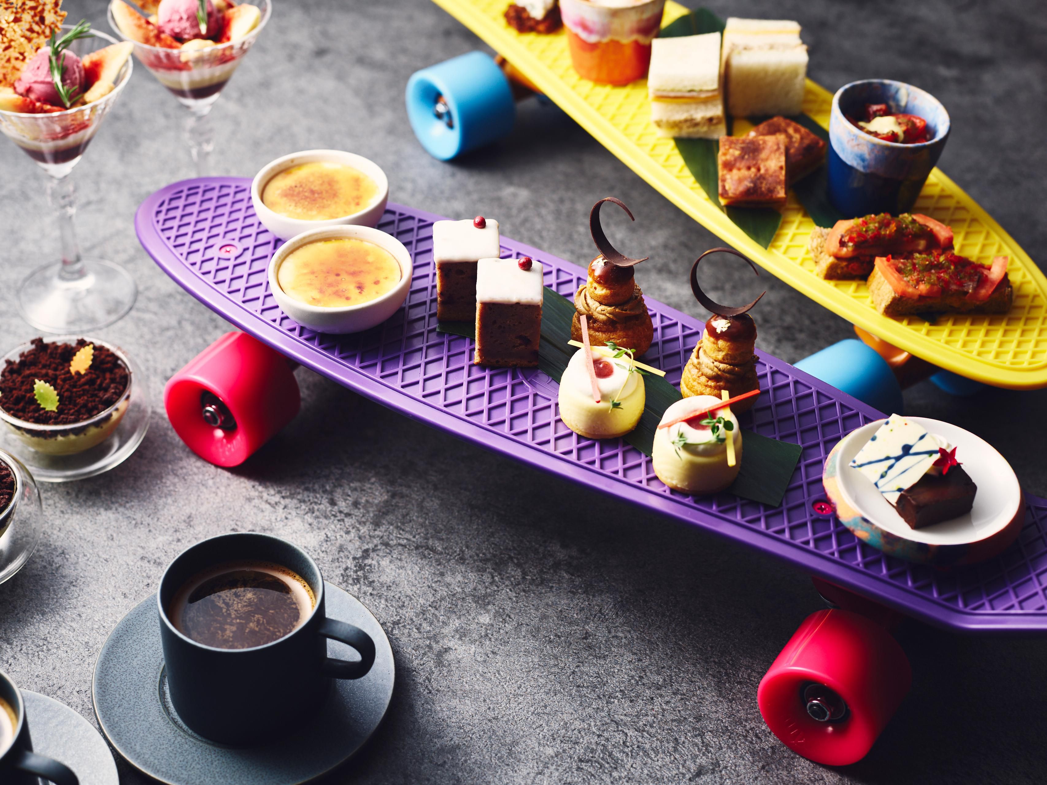Seasonal Afternoon Tea served atop a skateboard deck