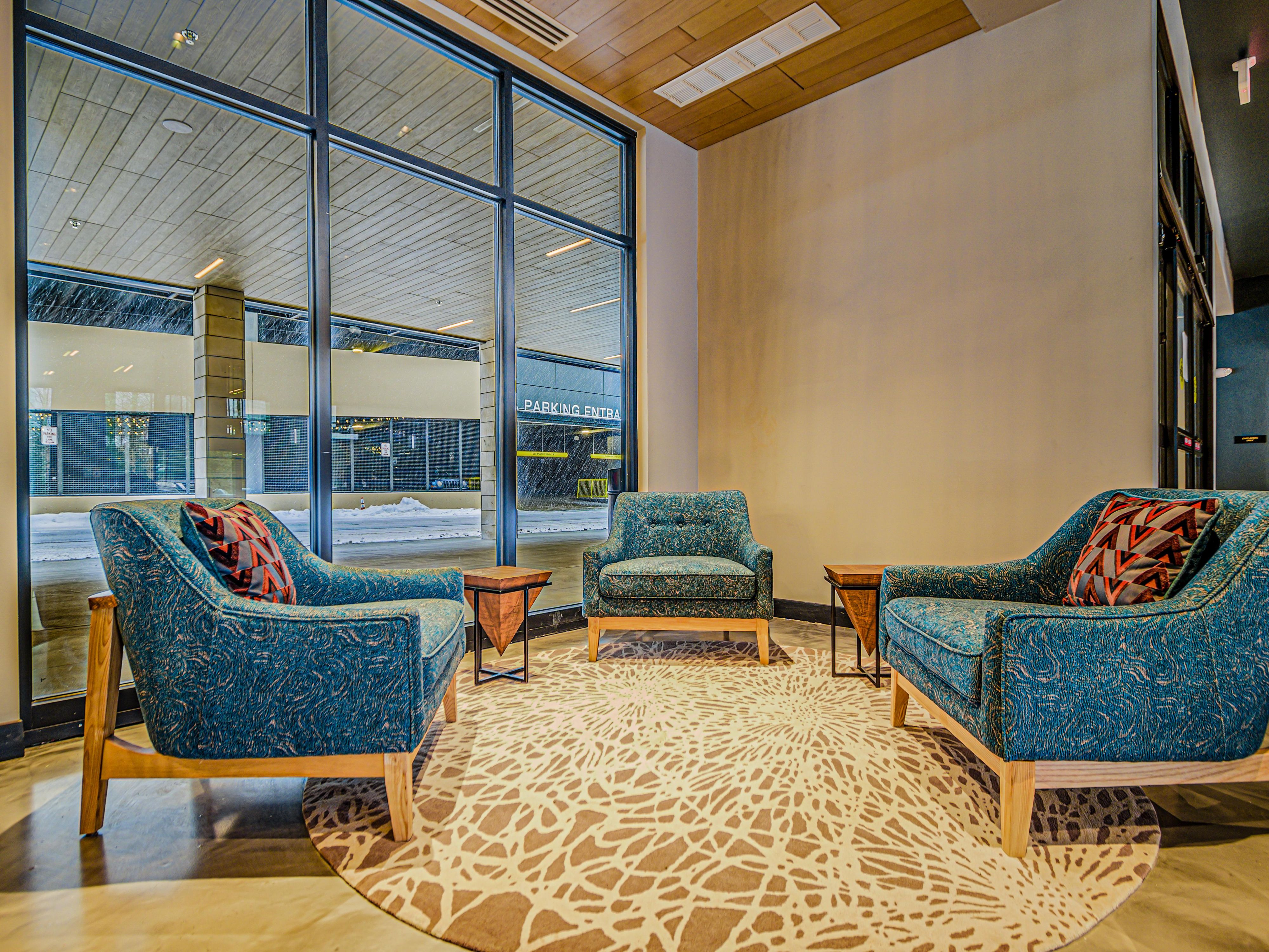 Gather in cozy sitting area after day of hiking or skiing