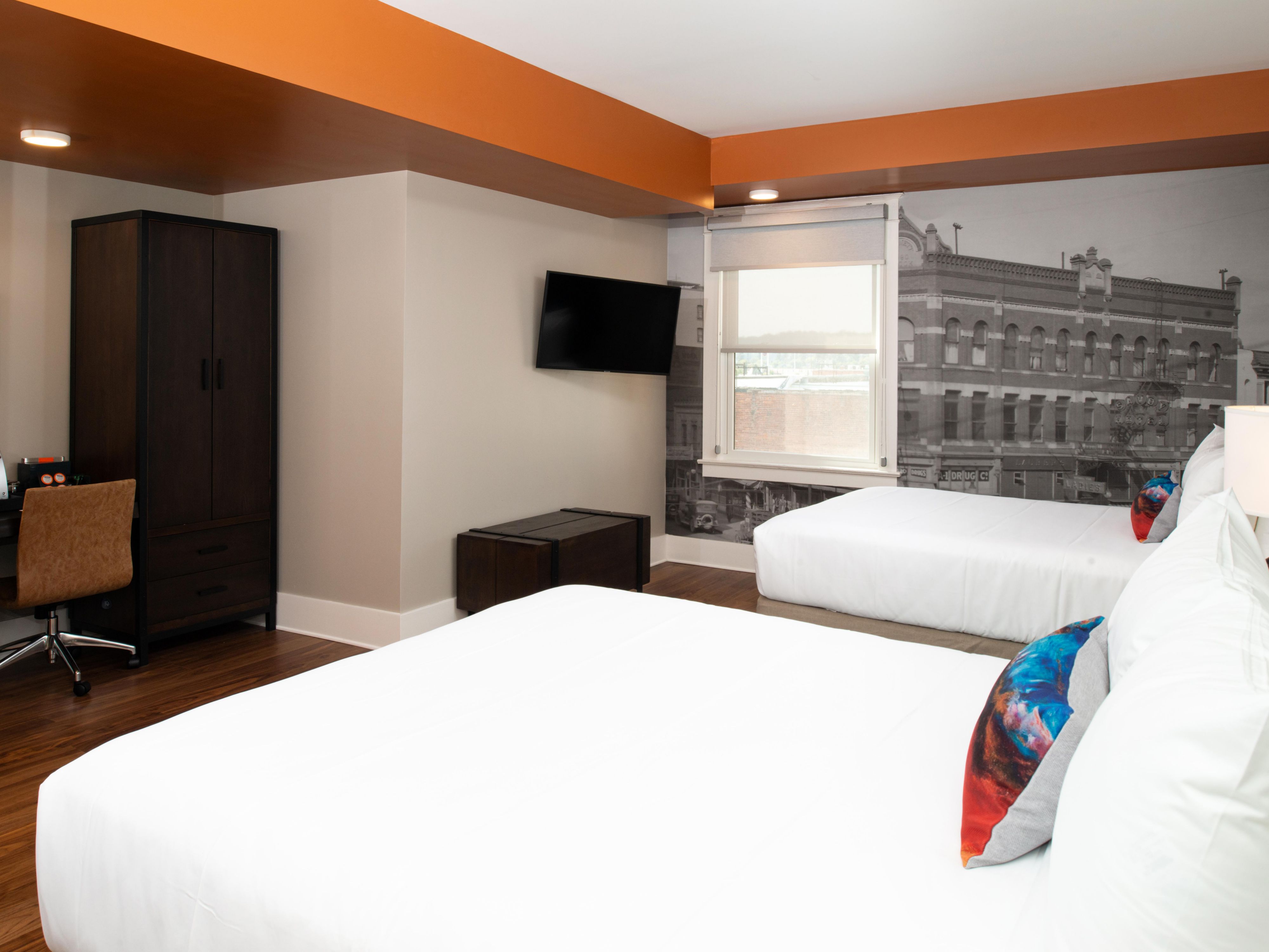 Hotel Indigo Spokane. Deluxe room with two queen beds. 