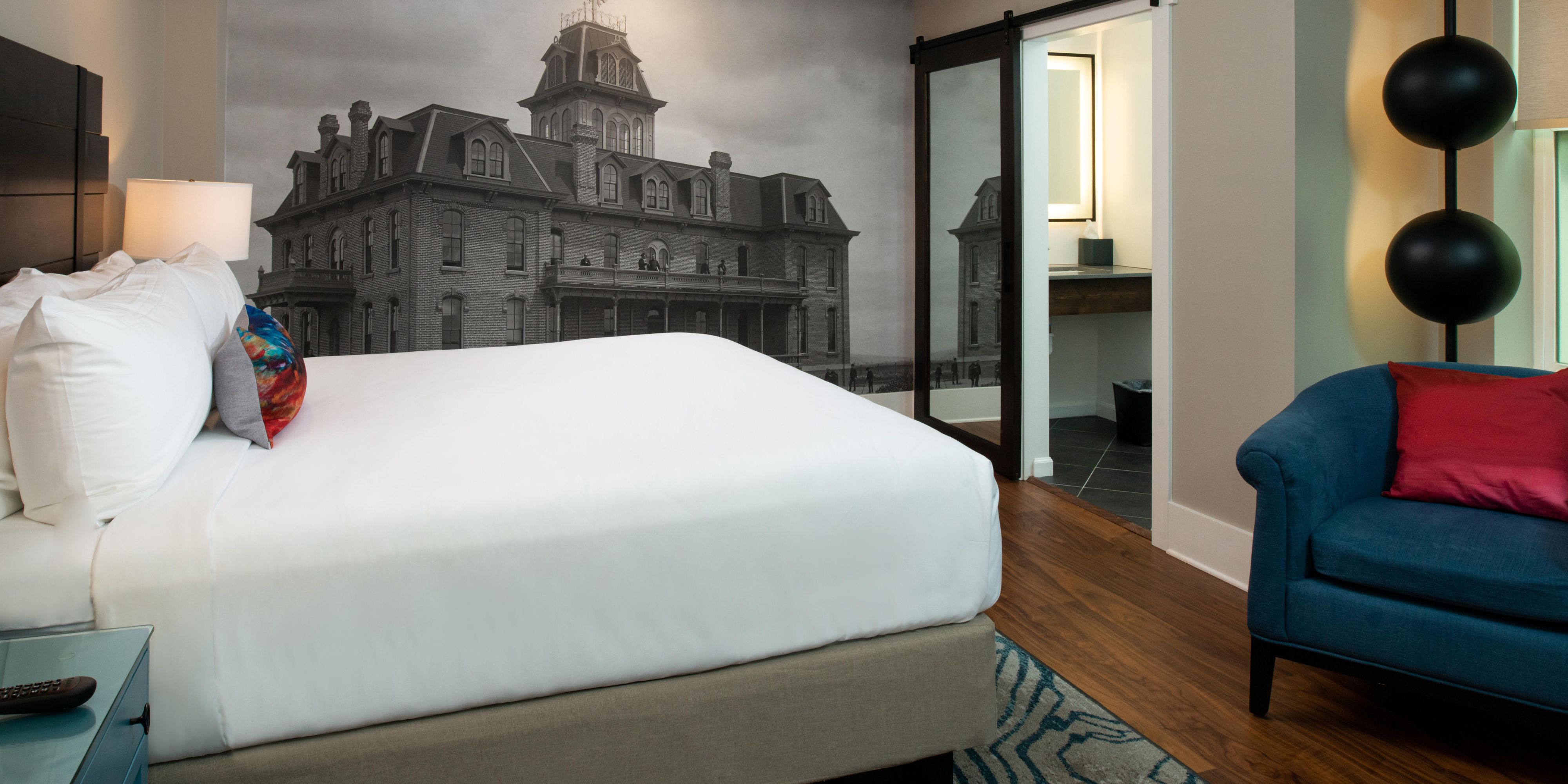 Hotel Indigo Spokane. Family suite room with single king bed.