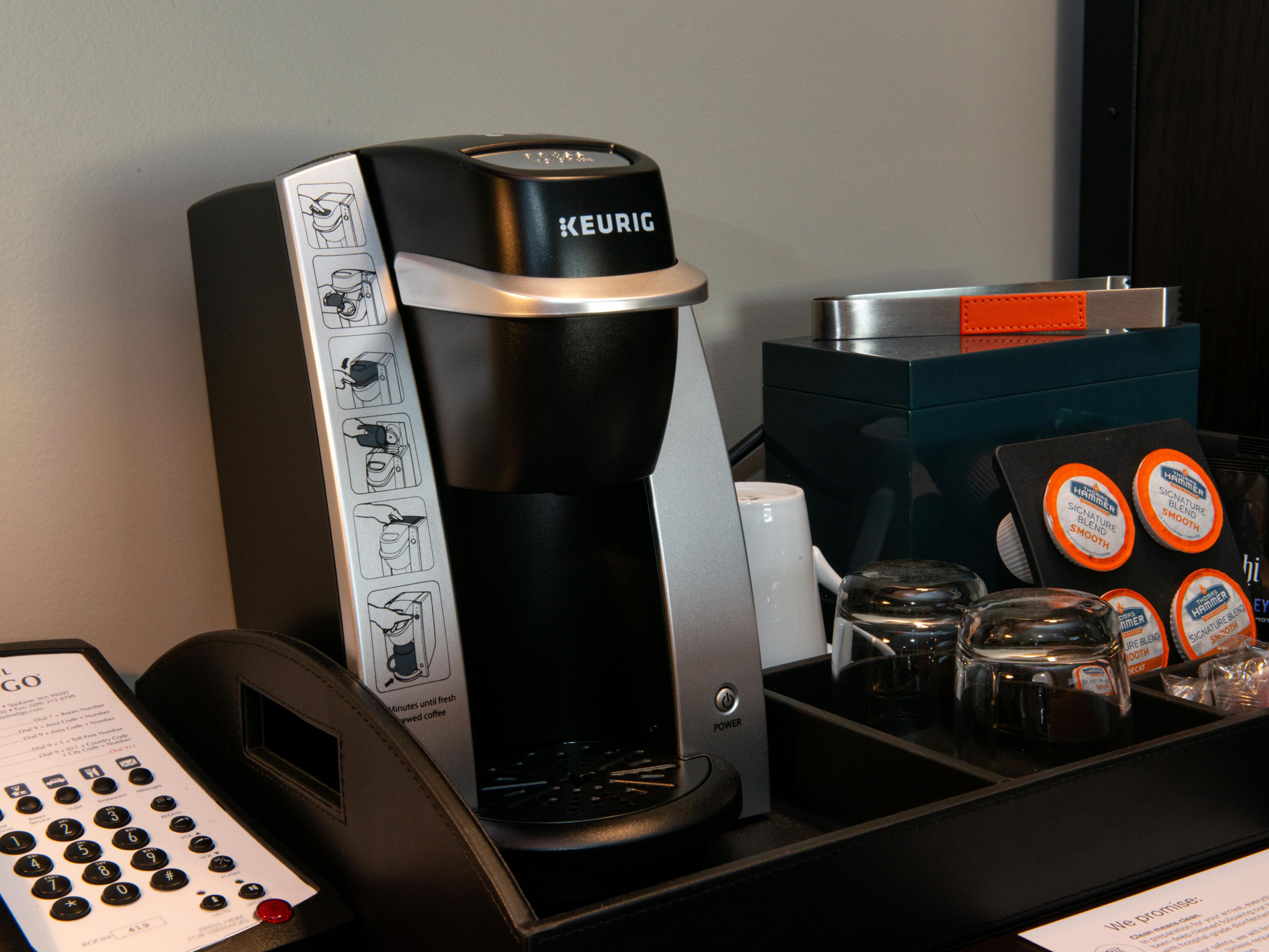 Take advantage of our Keurig and local Thomas Hammer K-cups. 