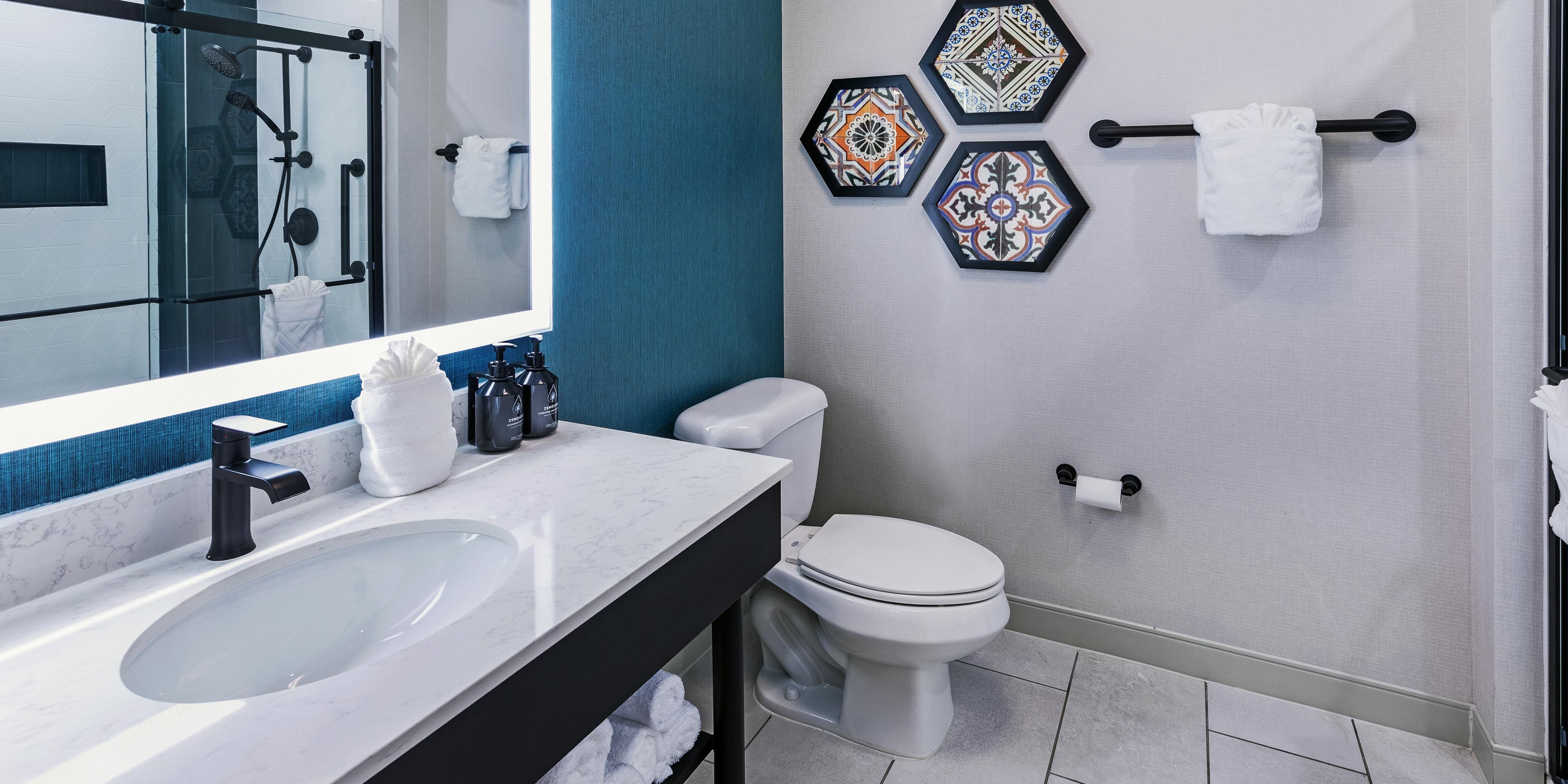 Our guest bathrooms have plenty of counter space to get ready.