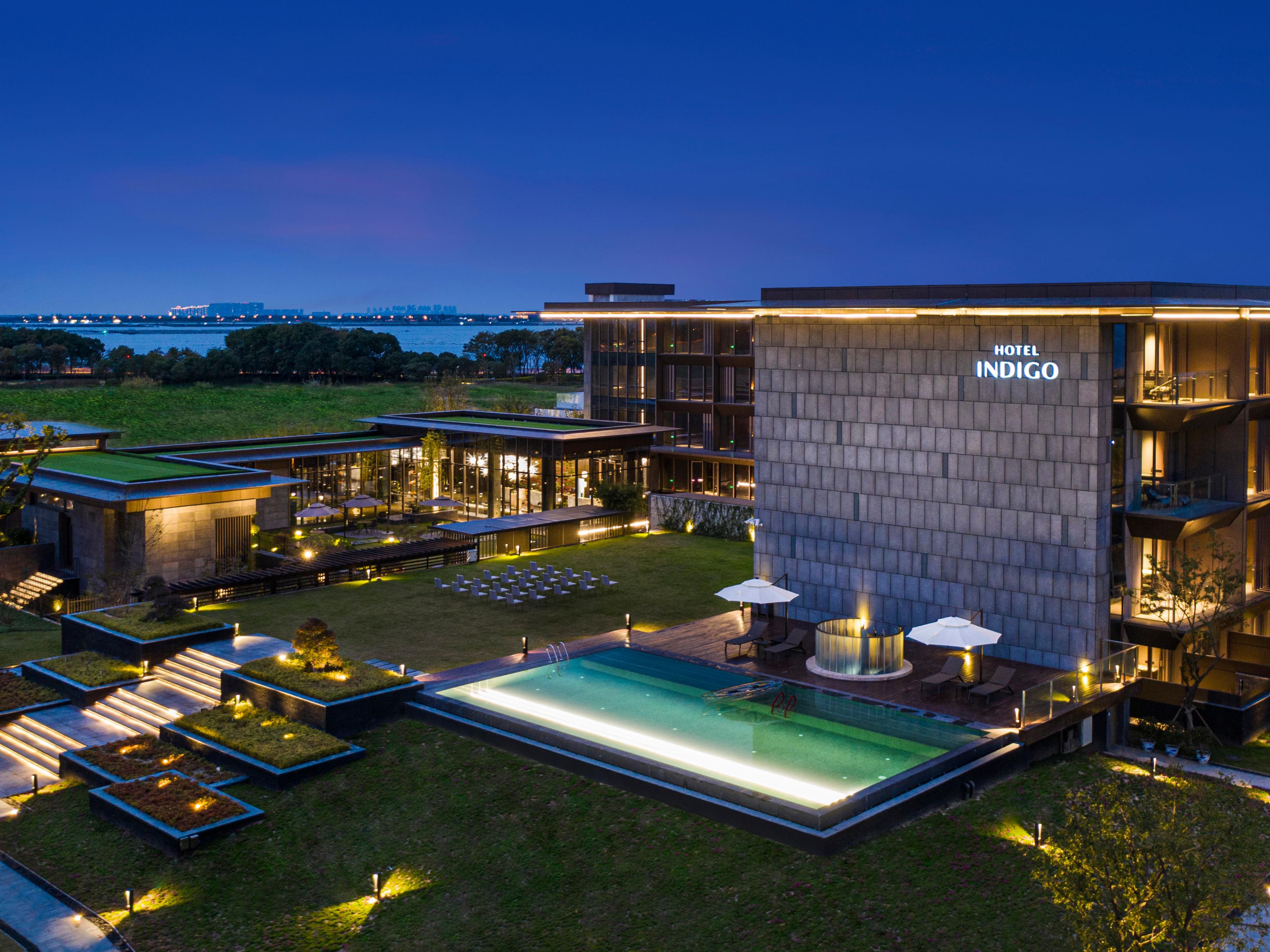 Hotel outside lawn and pool